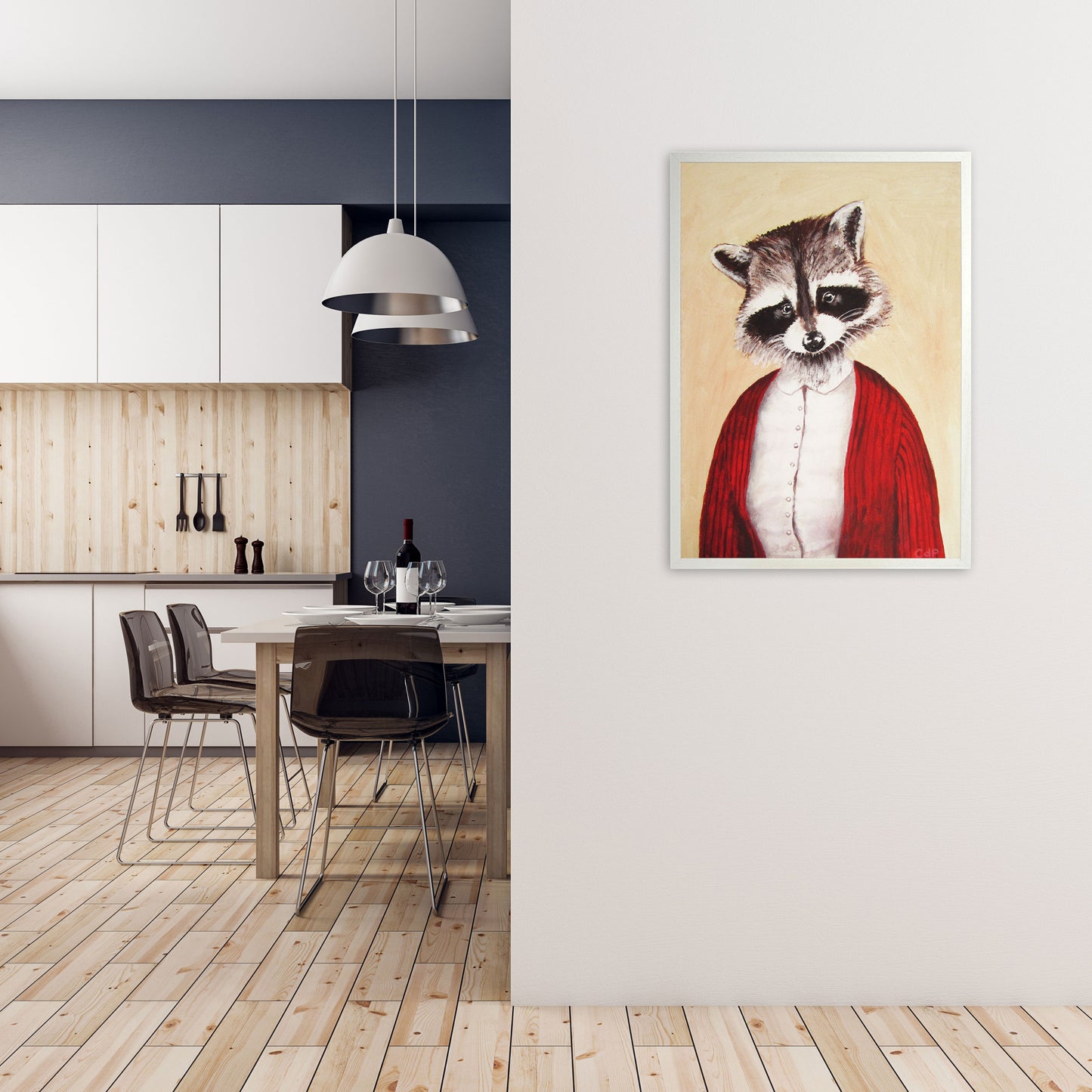 Racoon Art Print by Coco Deparis A1 Oak Frame