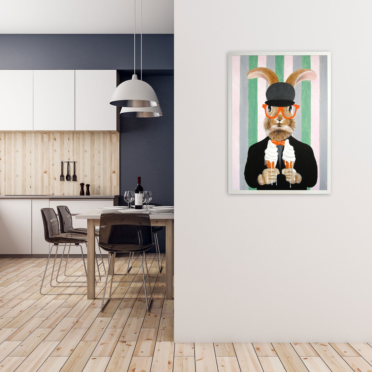 Rabbit With Melting Ice-Creams Art Print by Coco Deparis A1 Oak Frame
