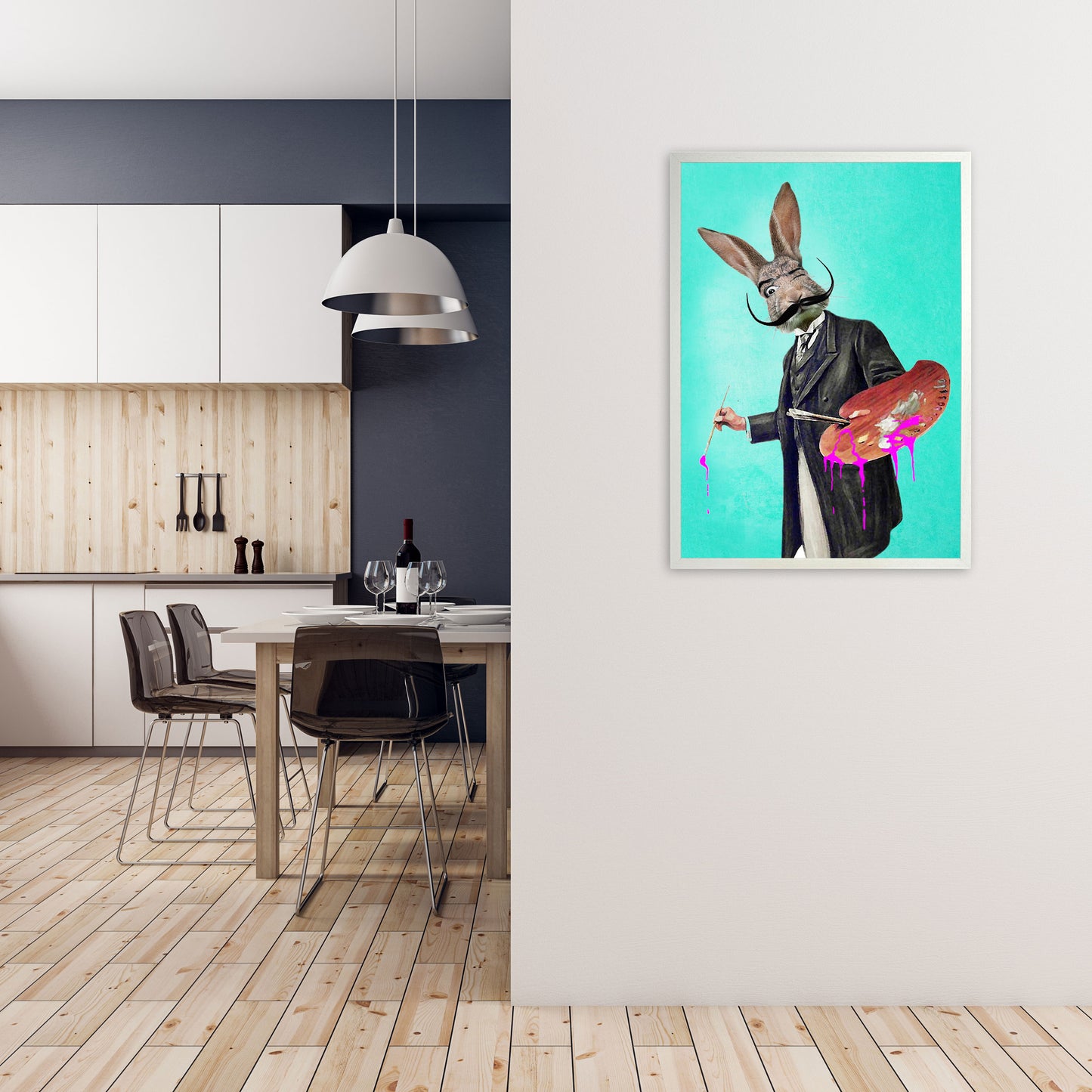 Rabbit Painter Art Print by Coco Deparis A1 Oak Frame