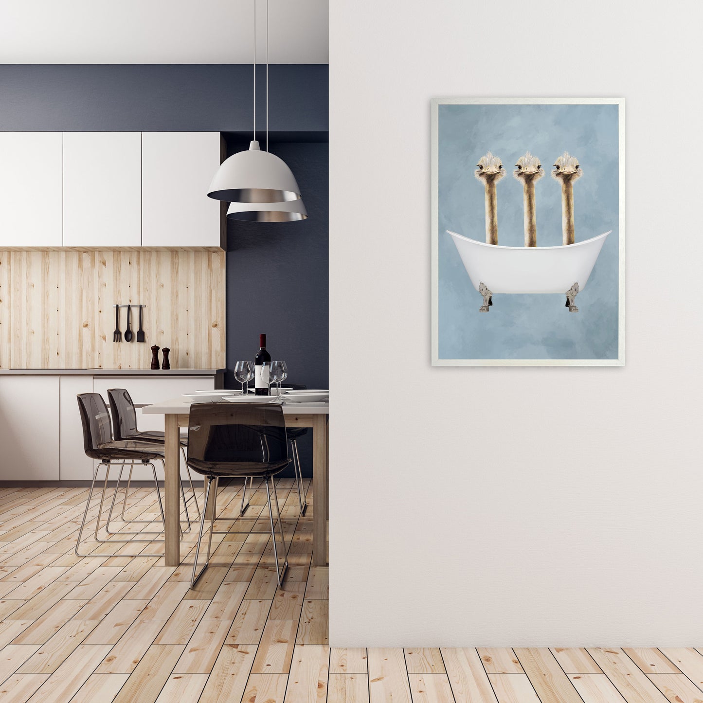 Ostriches In Bathtub Art Print by Coco Deparis A1 Oak Frame