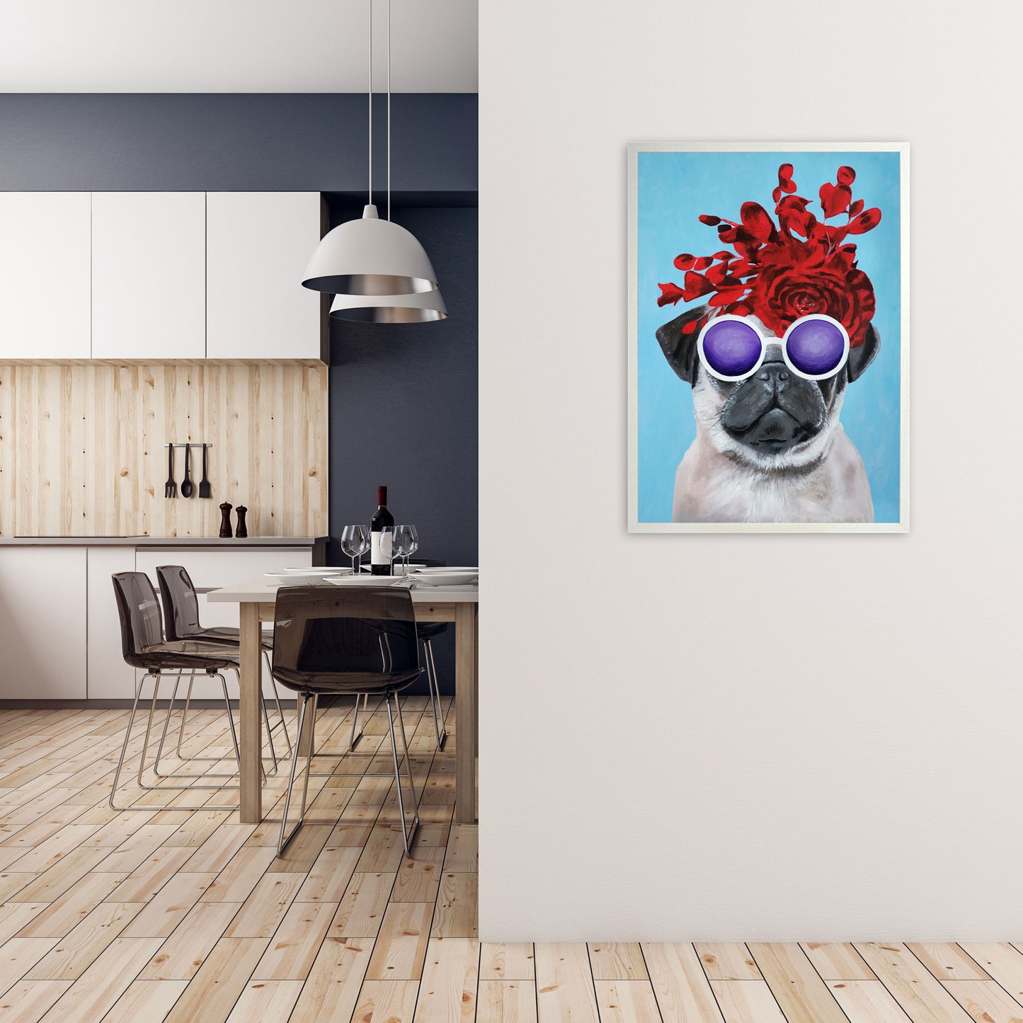 Fashion Pug Blue Art Print by Coco Deparis A1 Oak Frame