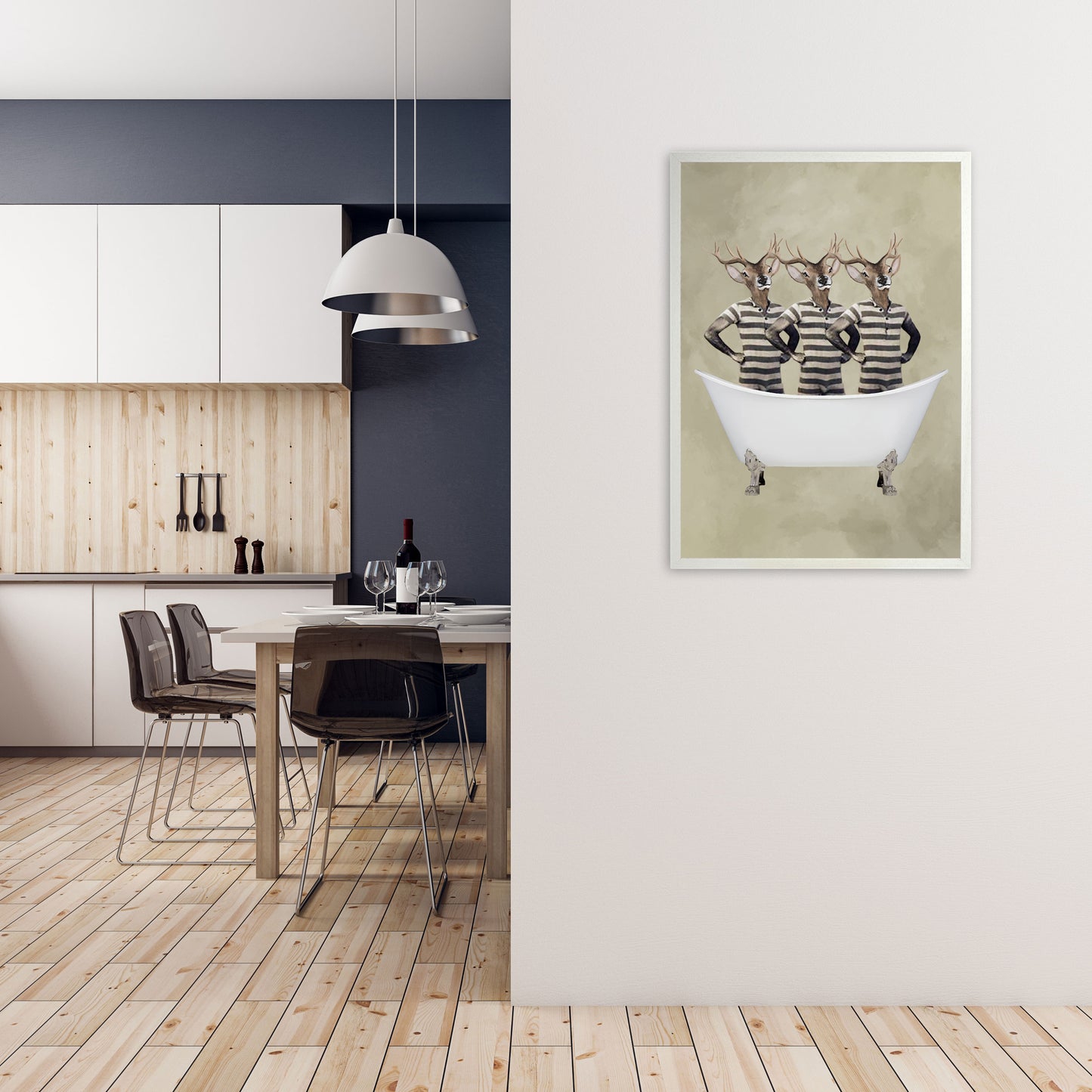 Deers In Bathtub Art Print by Coco Deparis A1 Oak Frame