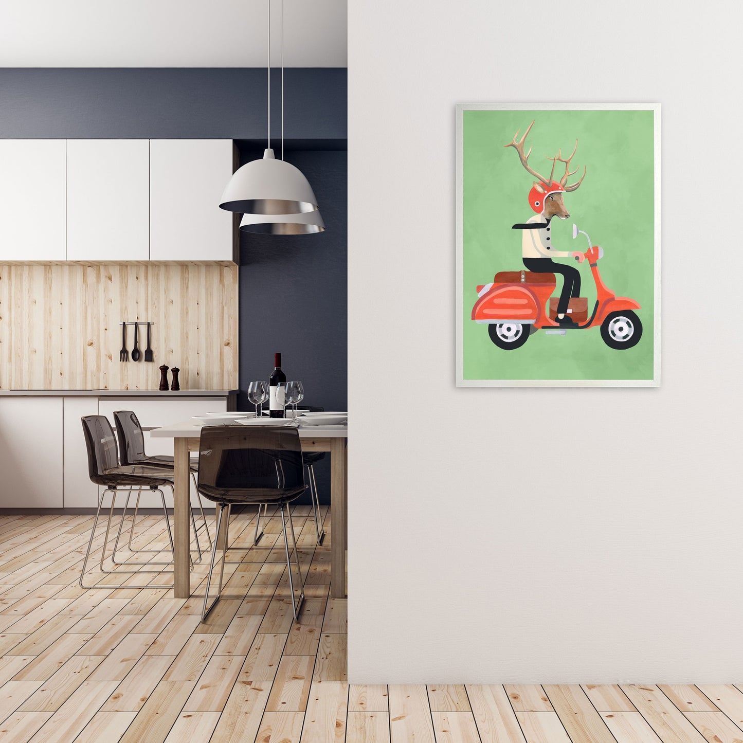 Deer On Scooter Art Print by Coco Deparis A1 Oak Frame
