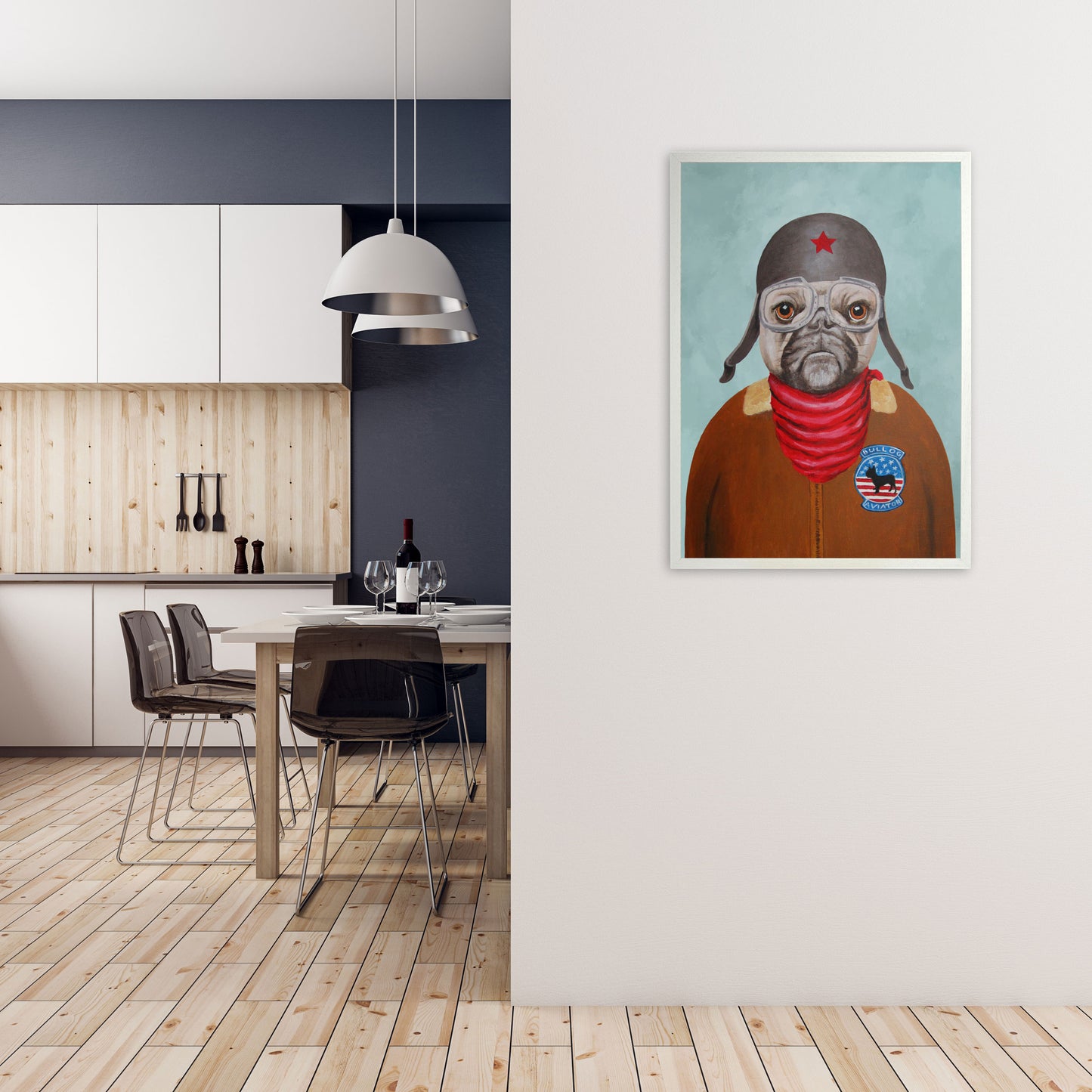 Bulldog With Helmet Art Print by Coco Deparis A1 Oak Frame
