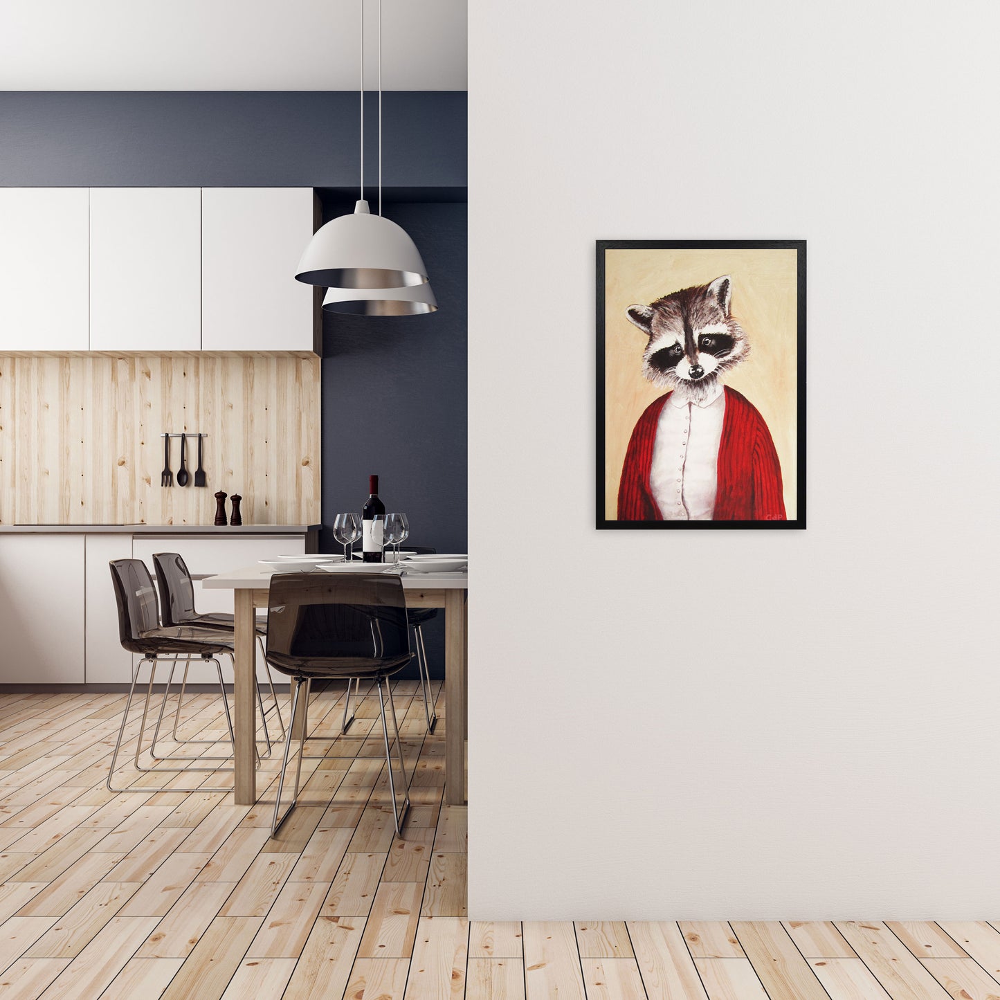 Racoon Art Print by Coco Deparis A2 White Frame