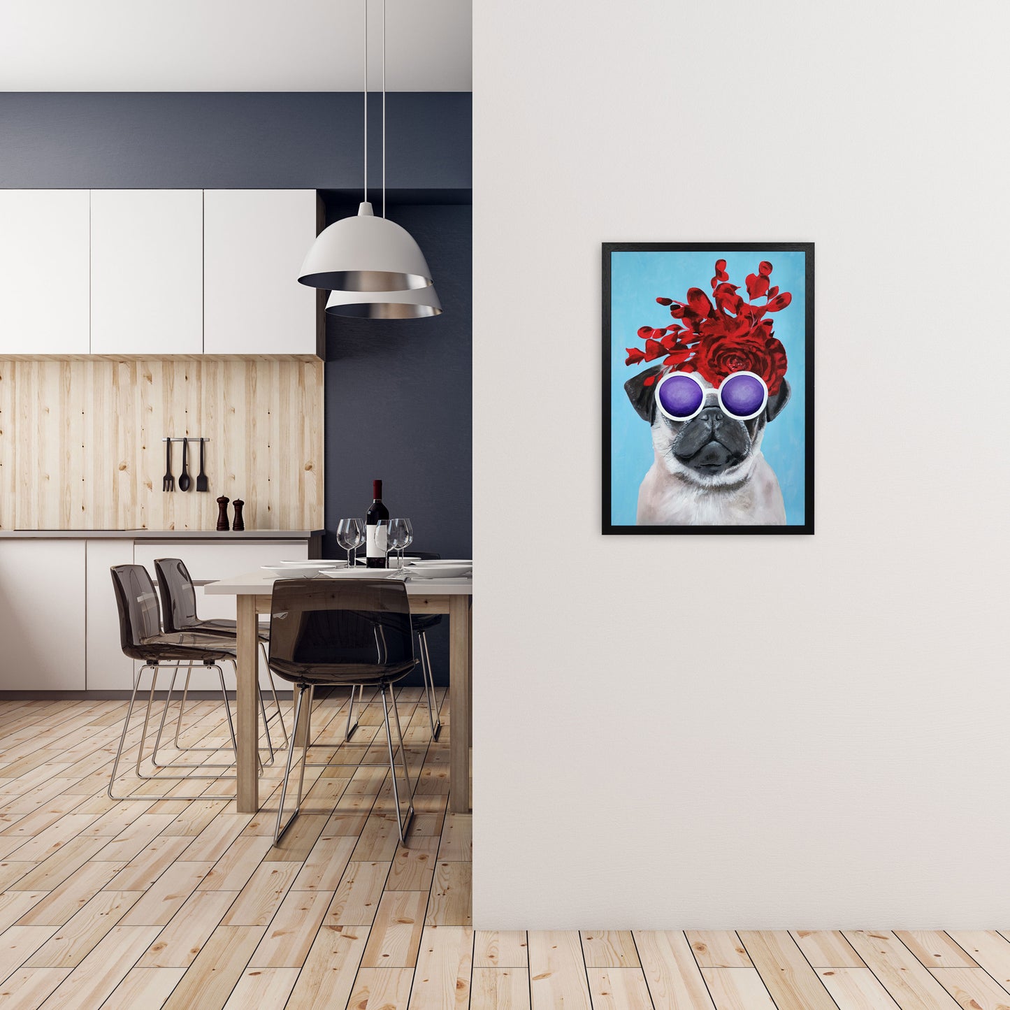 Fashion Pug Blue Art Print by Coco Deparis A2 White Frame