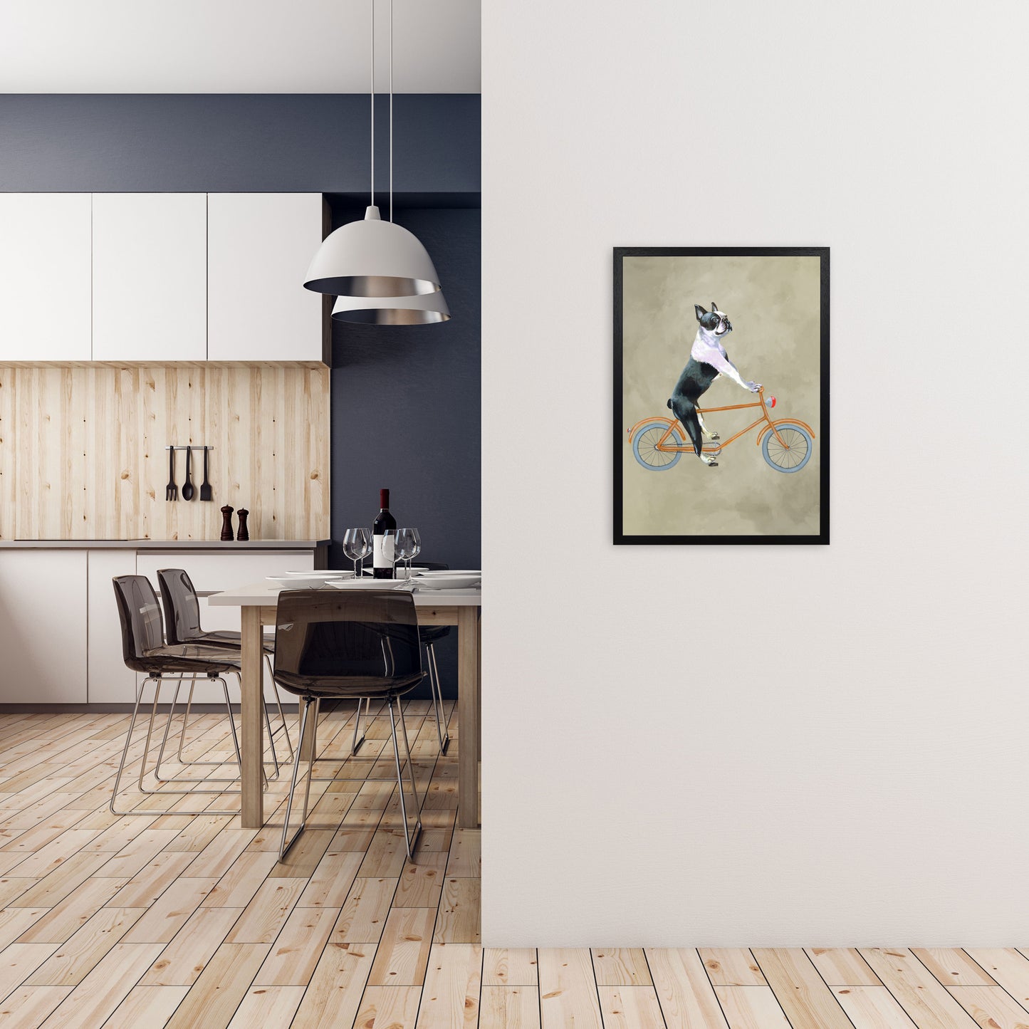 Boston Terrier On Bicycle Art Print by Coco Deparis A2 White Frame