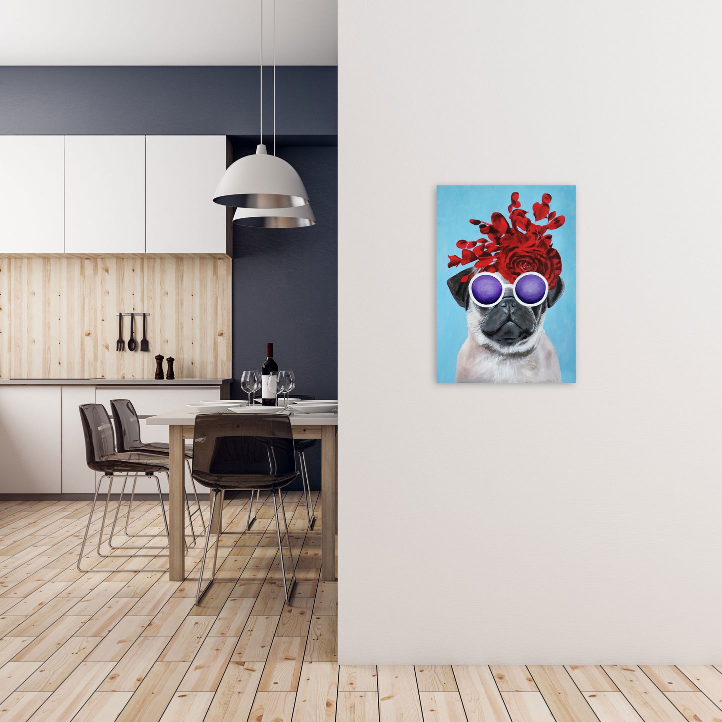 Fashion Pug Blue Art Print by Coco Deparis A2 Black Frame