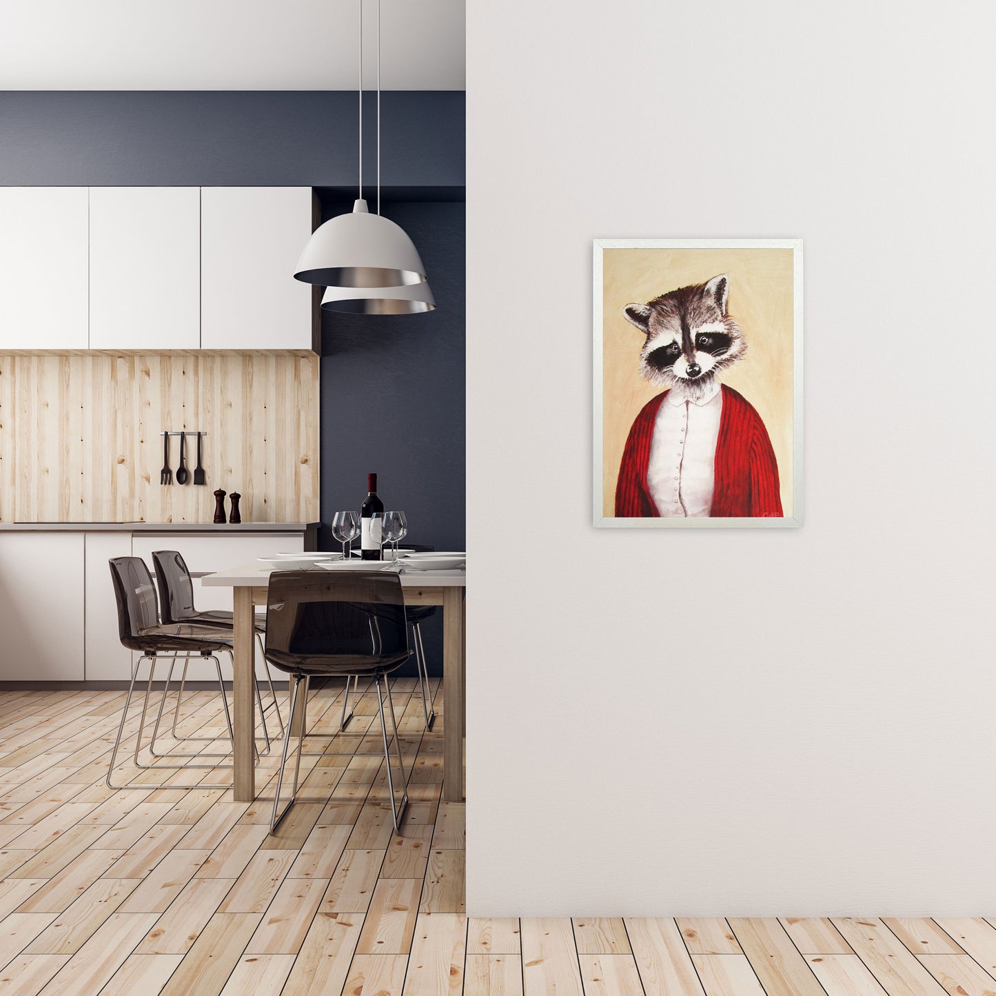 Racoon Art Print by Coco Deparis A2 Oak Frame
