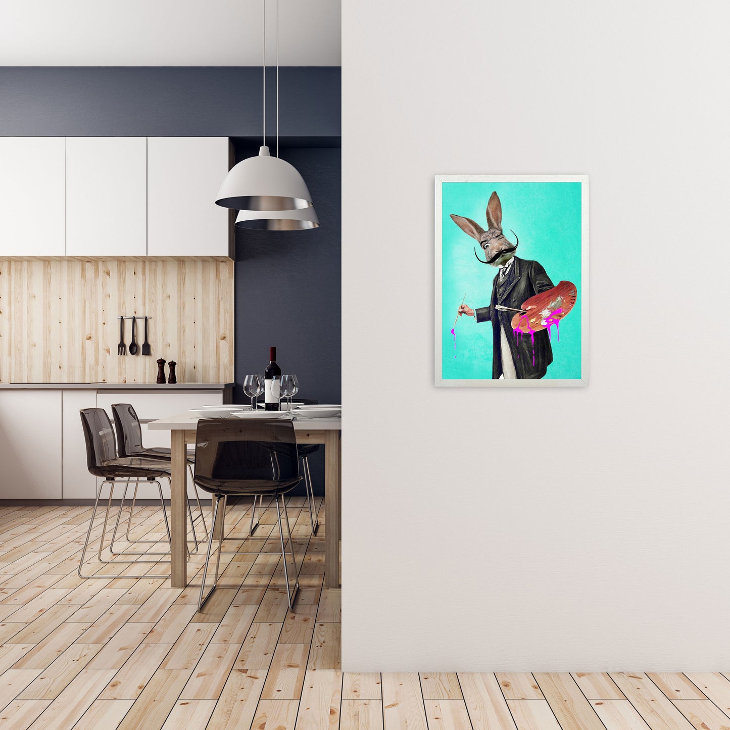 Rabbit Painter Art Print by Coco Deparis A2 Oak Frame