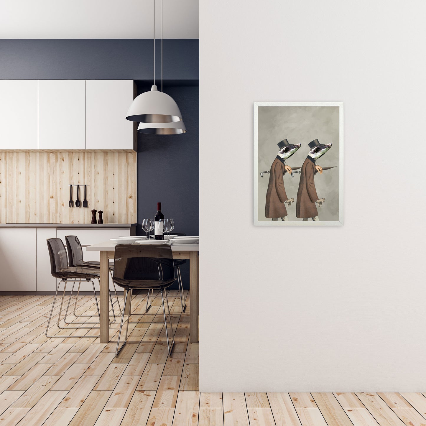 Badgers With Umbrellas Art Print by Coco Deparis A2 Oak Frame
