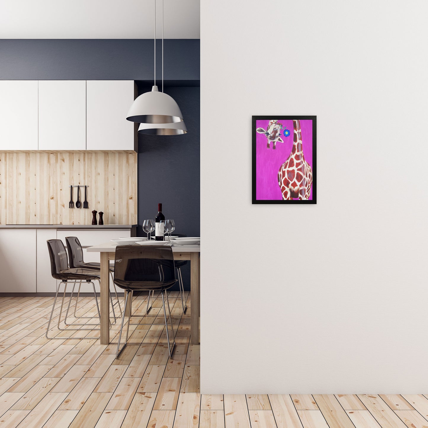 Giraffe With Blue Flower Art Print by Coco Deparis A3 White Frame