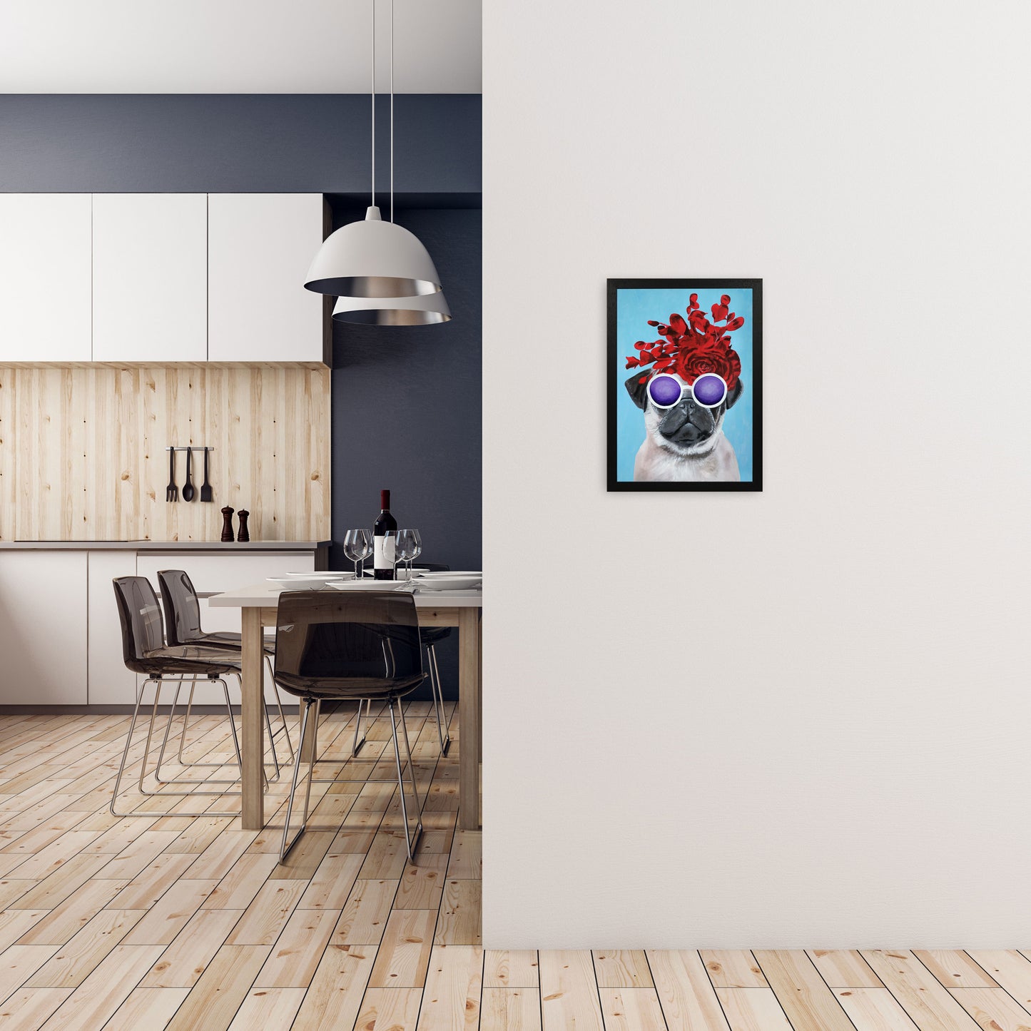 Fashion Pug Blue Art Print by Coco Deparis A3 White Frame