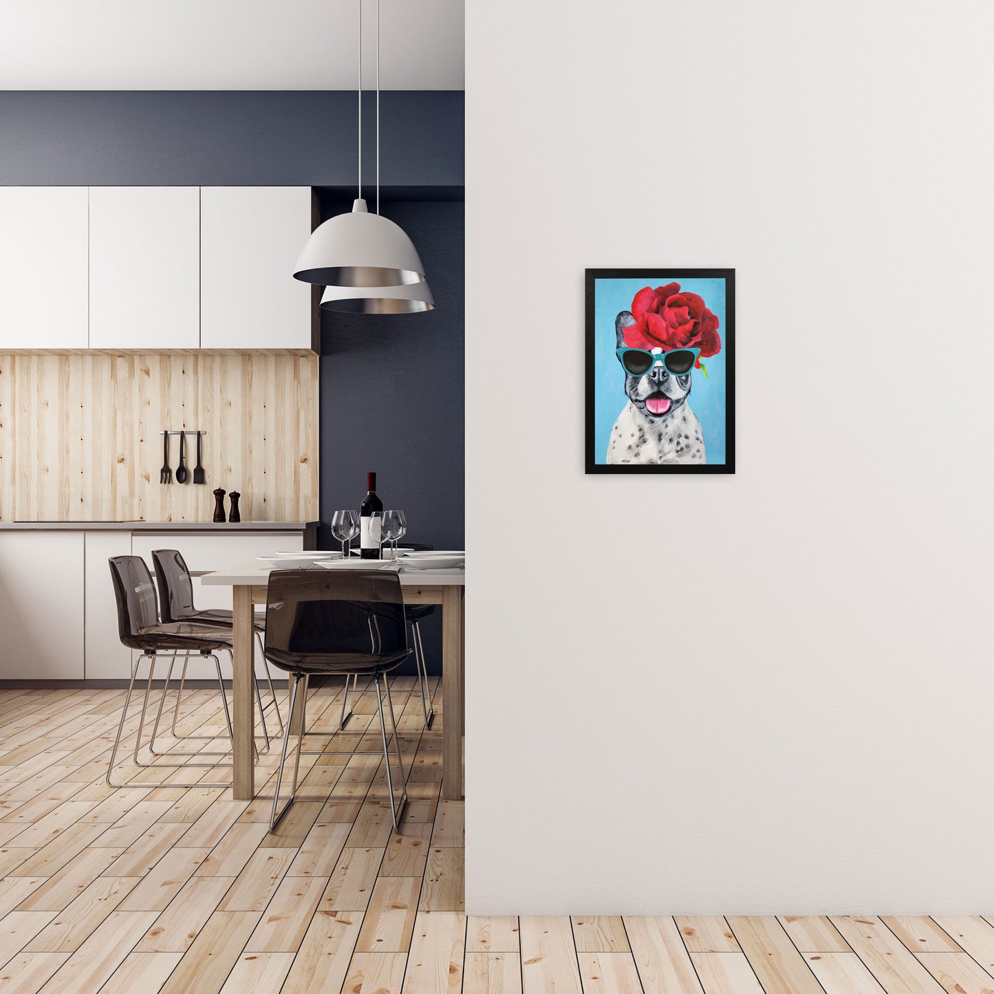 Fashion Bulldog Blue Art Print by Coco Deparis A3 White Frame