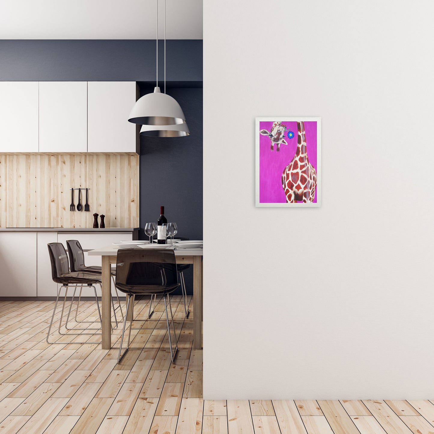 Giraffe With Blue Flower Art Print by Coco Deparis A3 Oak Frame