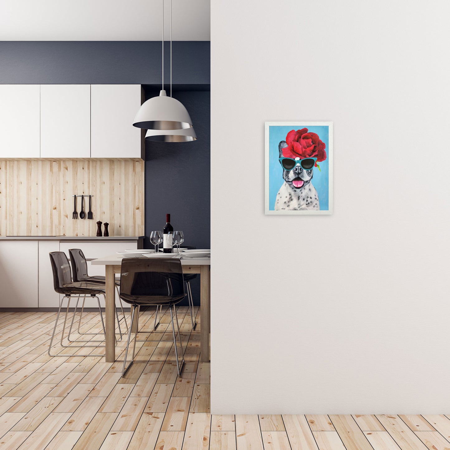 Fashion Bulldog Blue Art Print by Coco Deparis A3 Oak Frame
