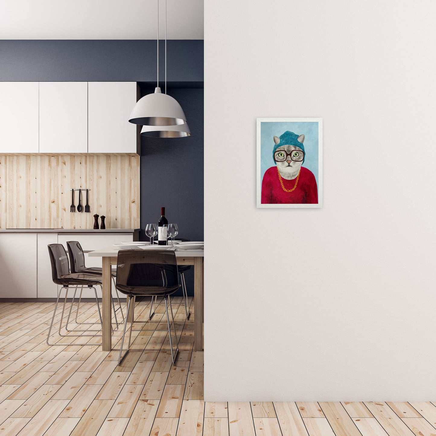 Cat Rapper Art Print by Coco Deparis A3 Oak Frame