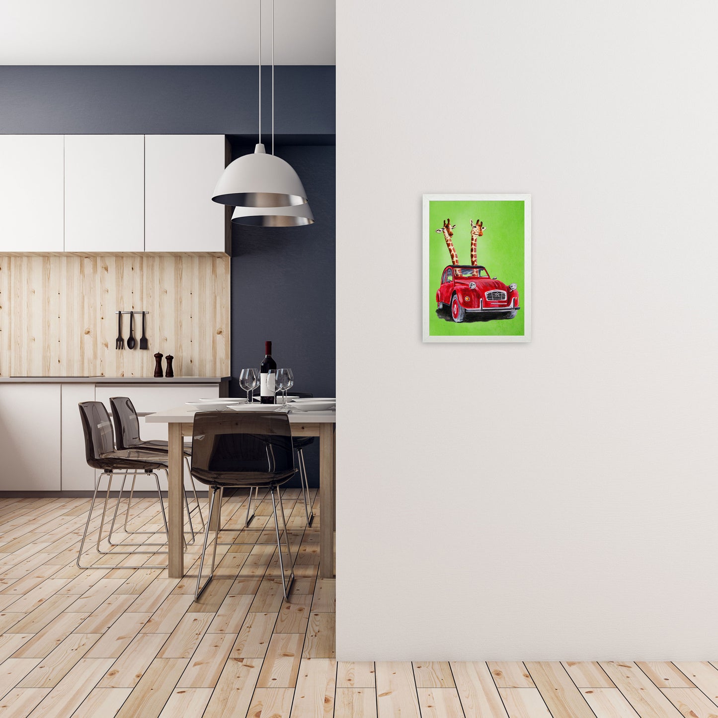 2 Giraffes In Car 2 Art Print by Coco Deparis A3 Oak Frame