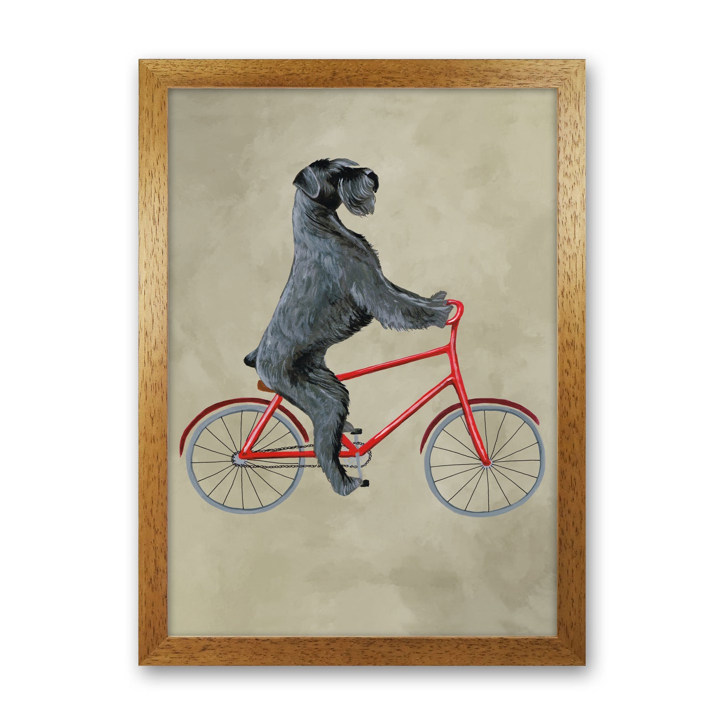 Schnauzer On Bicycle Art Print by Coco Deparis Oak Grain