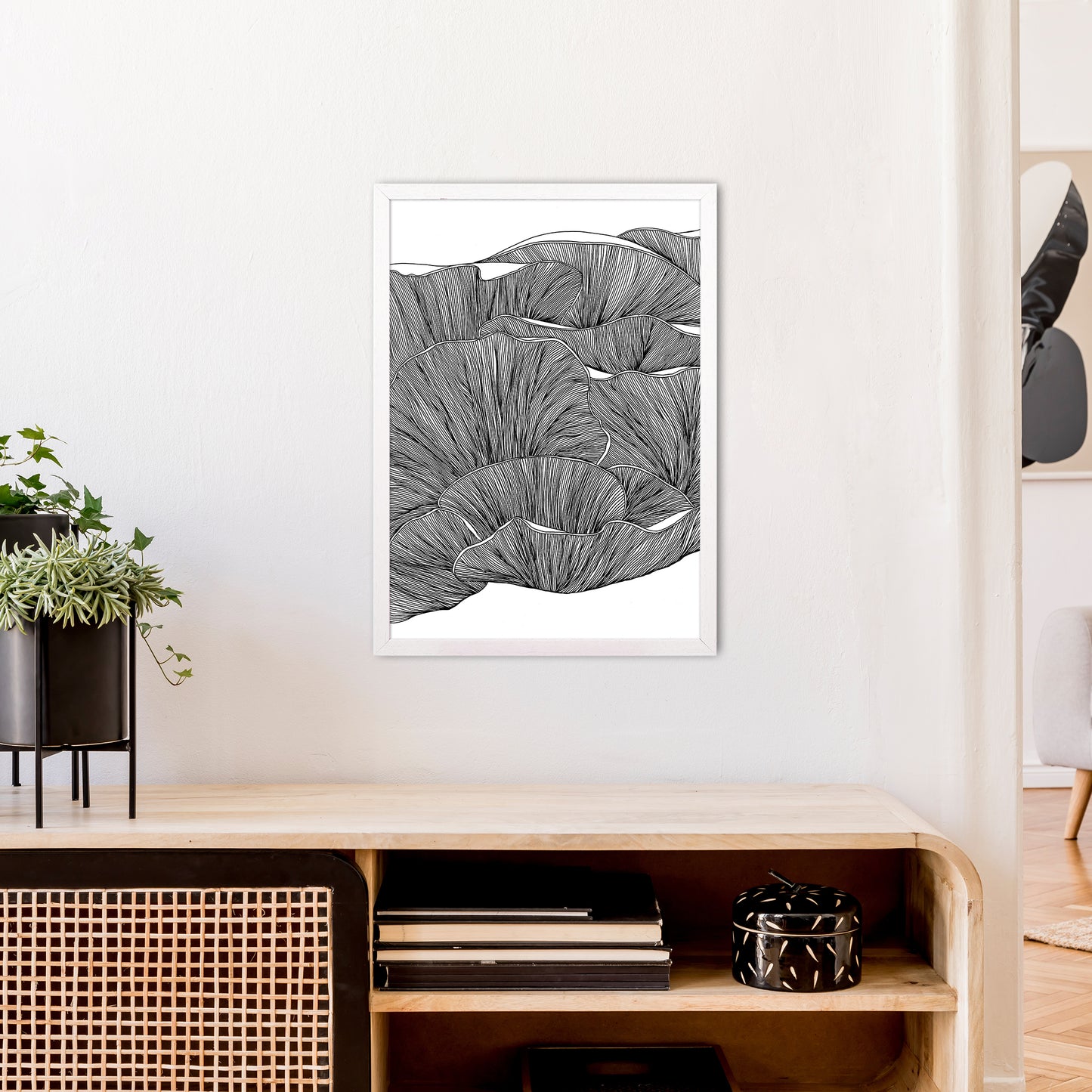 Oyster Mushrooms BW Art Print by Carissa Tanton A2 Oak Frame