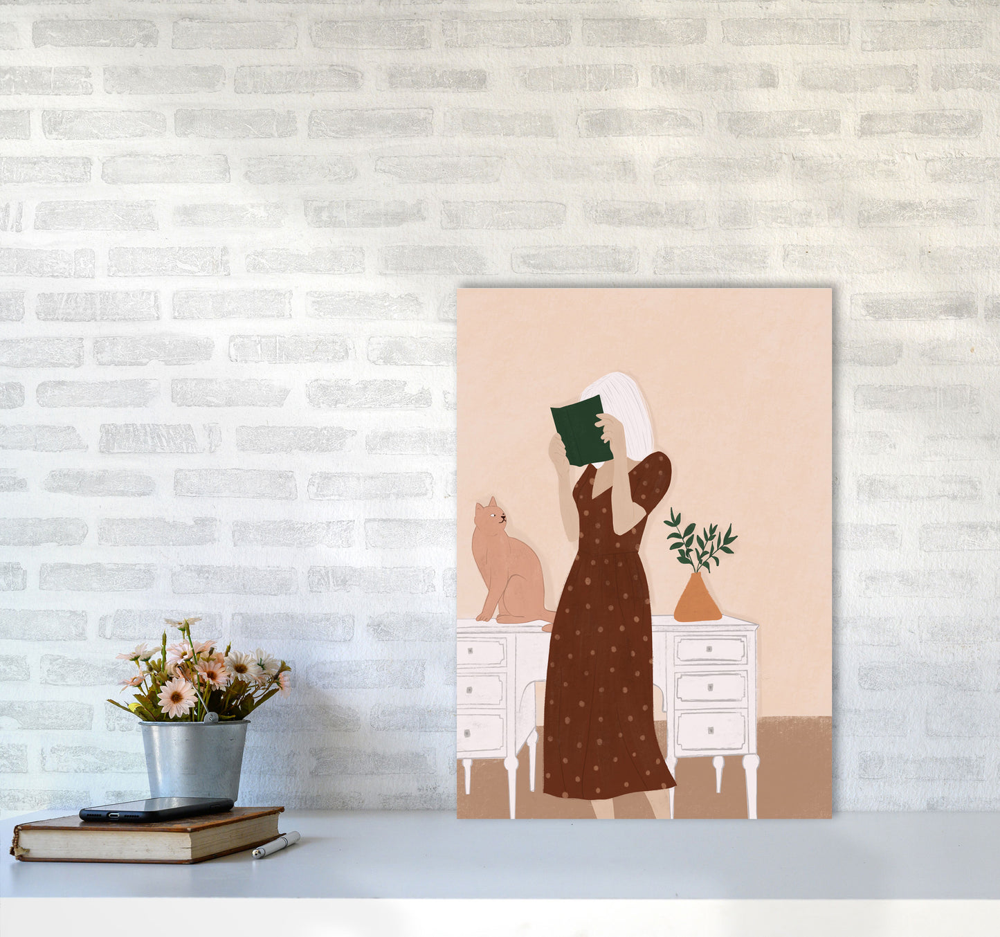 Girl Book Cat Art Print by Essentially Nomadic A2 Black Frame