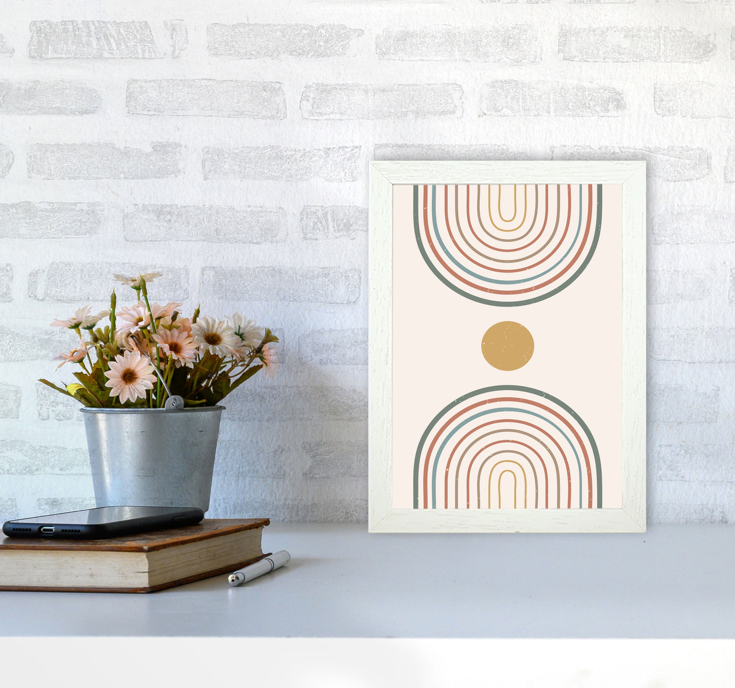 Mid Century Rainbow Sun Art Print by Essentially Nomadic A4 Oak Frame