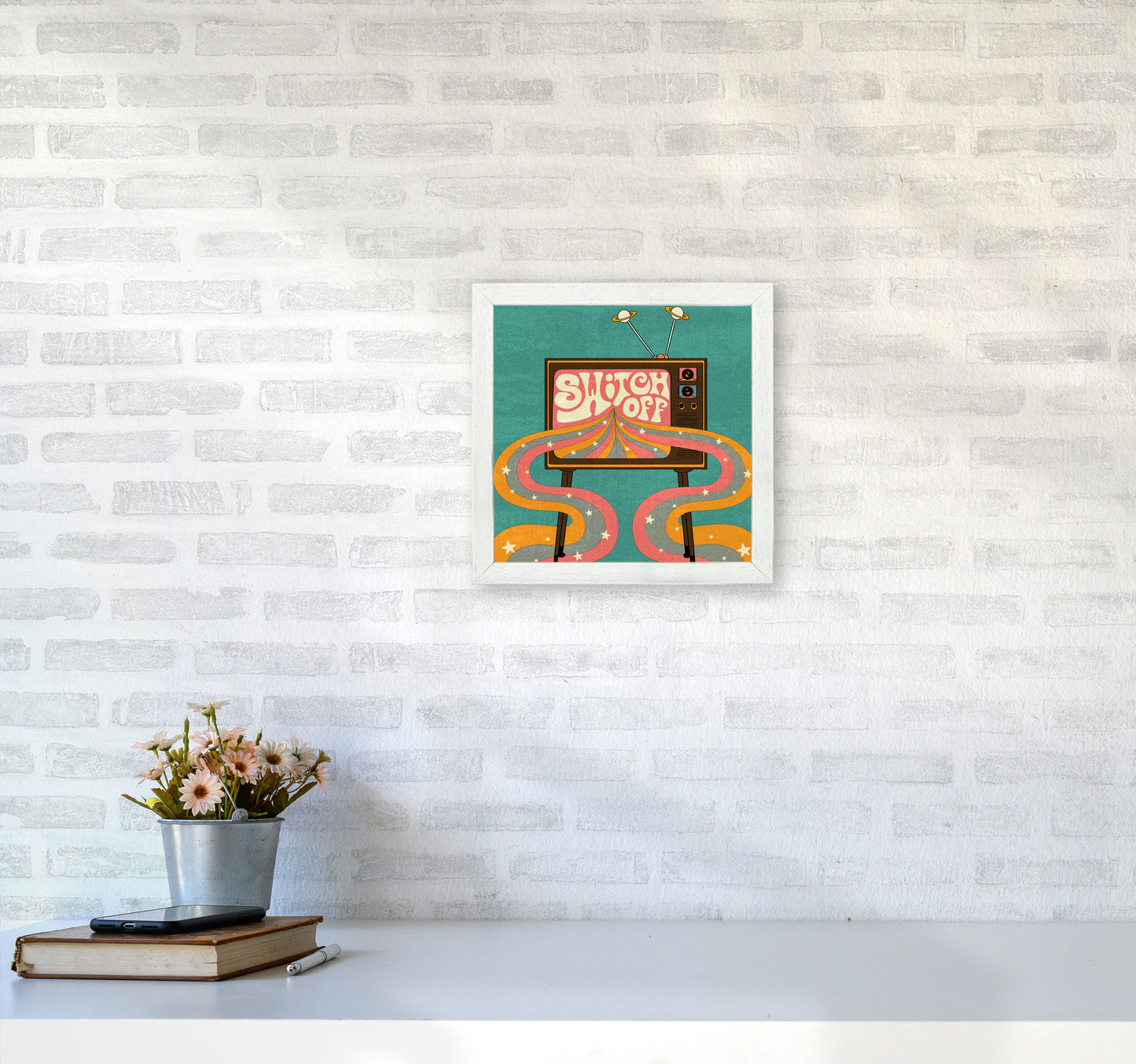 Switch Off Teal Textured Art Print by Inktally3030 Oak Frame