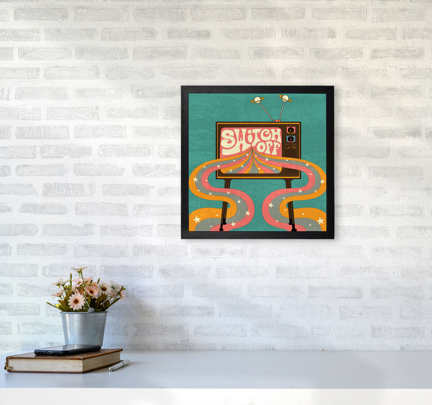 Switch Off Teal Textured Art Print by Inktally4040 White Frame