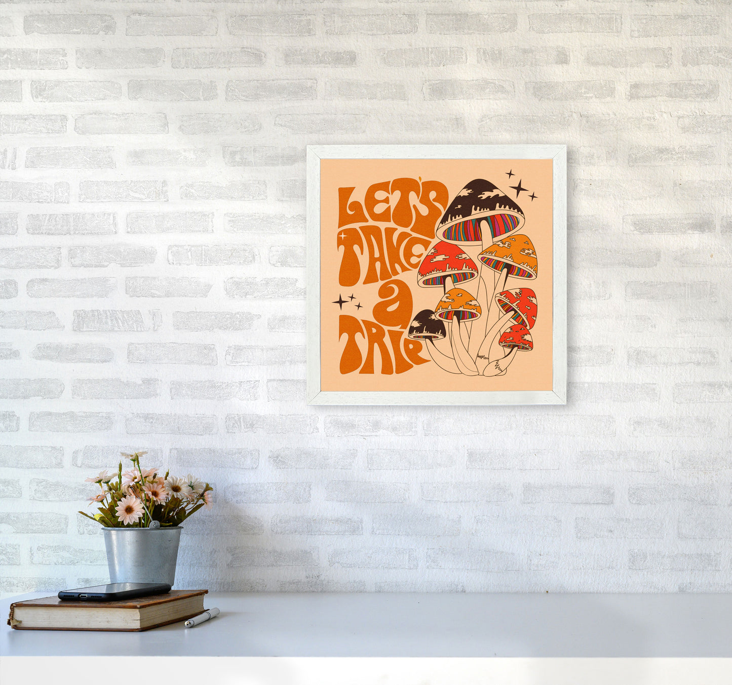 Mushies No Border- Cream Brown - Square-Text - Print Art Print by Inktally4040 Oak Frame