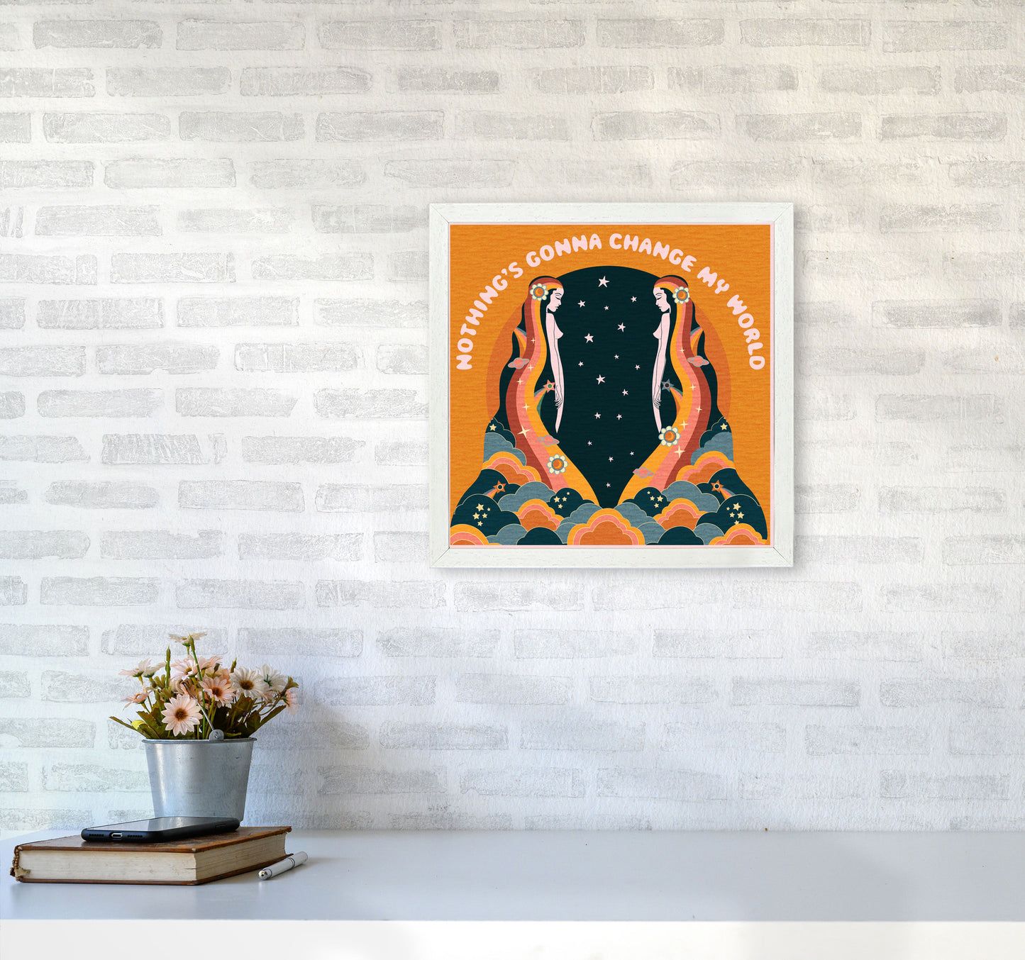 Change My World-Bordered-Orange-Text Art Print by Inktally4040 Oak Frame