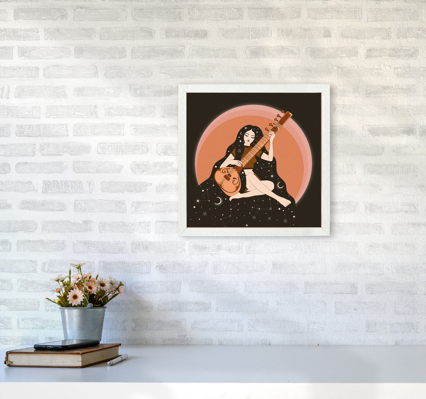 Sitar Girl 60 X 60Cm-Textured 01 Art Print by Inktally4040 Oak Frame