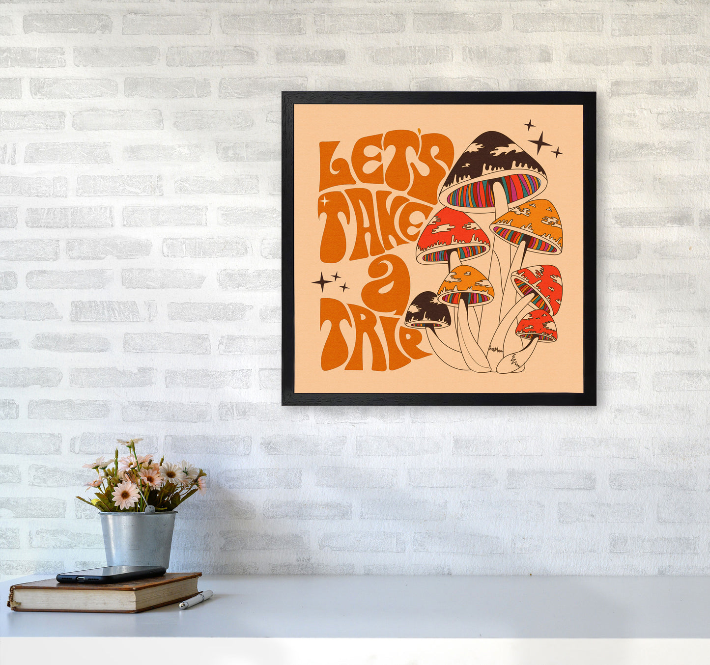 Mushies No Border- Cream Brown - Square-Text - Print Art Print by Inktally5050 White Frame