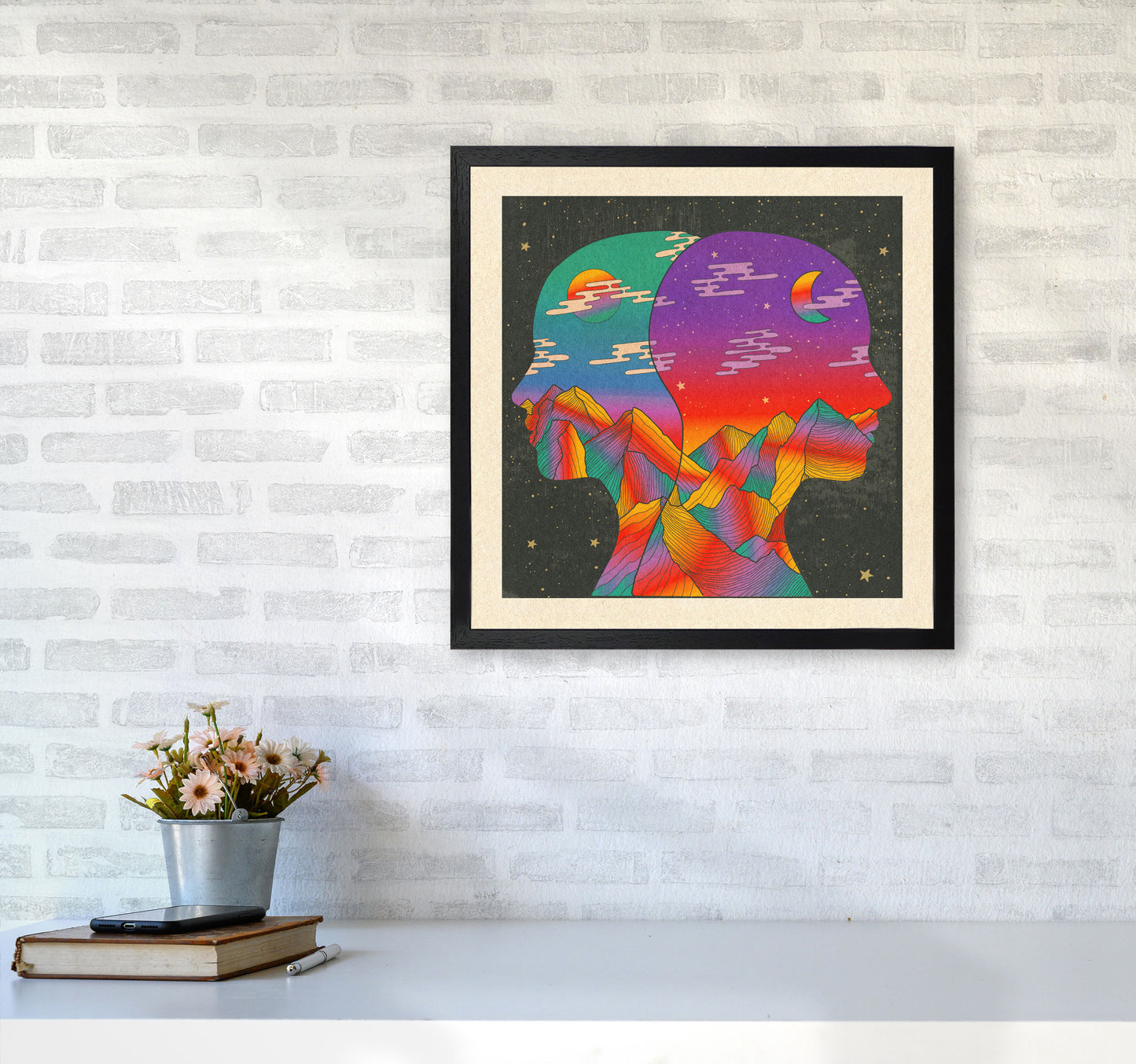 Day And Night Textured Bordered Art Print by Inktally5050 White Frame