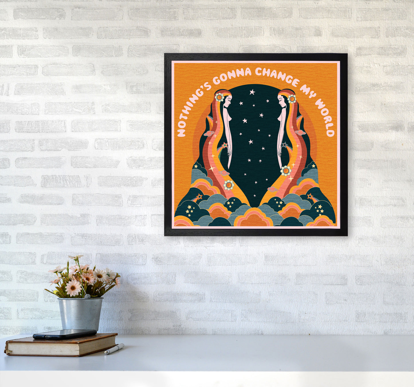 Change My World-Bordered-Orange-Text Art Print by Inktally5050 White Frame