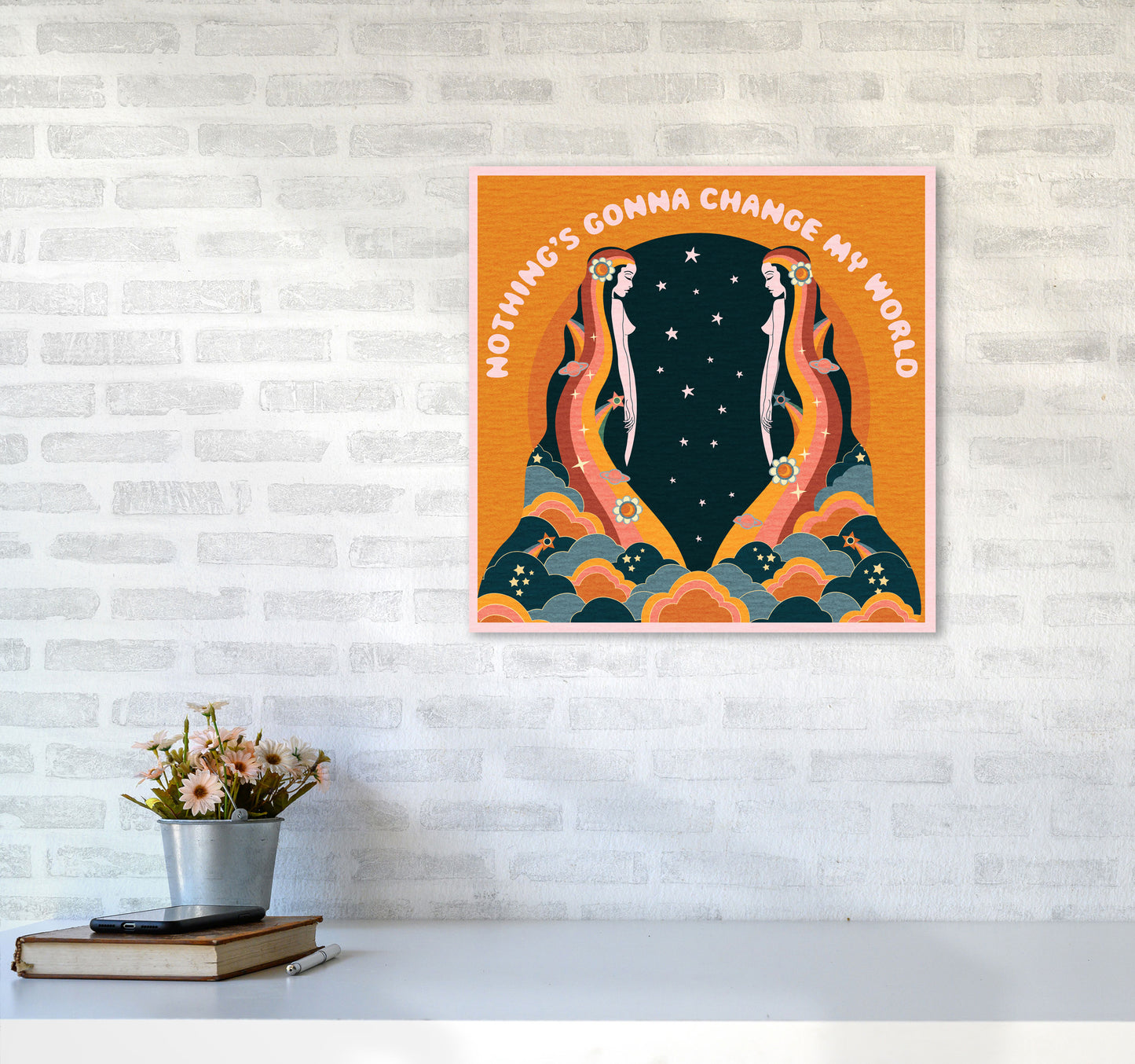 Change My World-Bordered-Orange-Text Art Print by Inktally5050 Black Frame