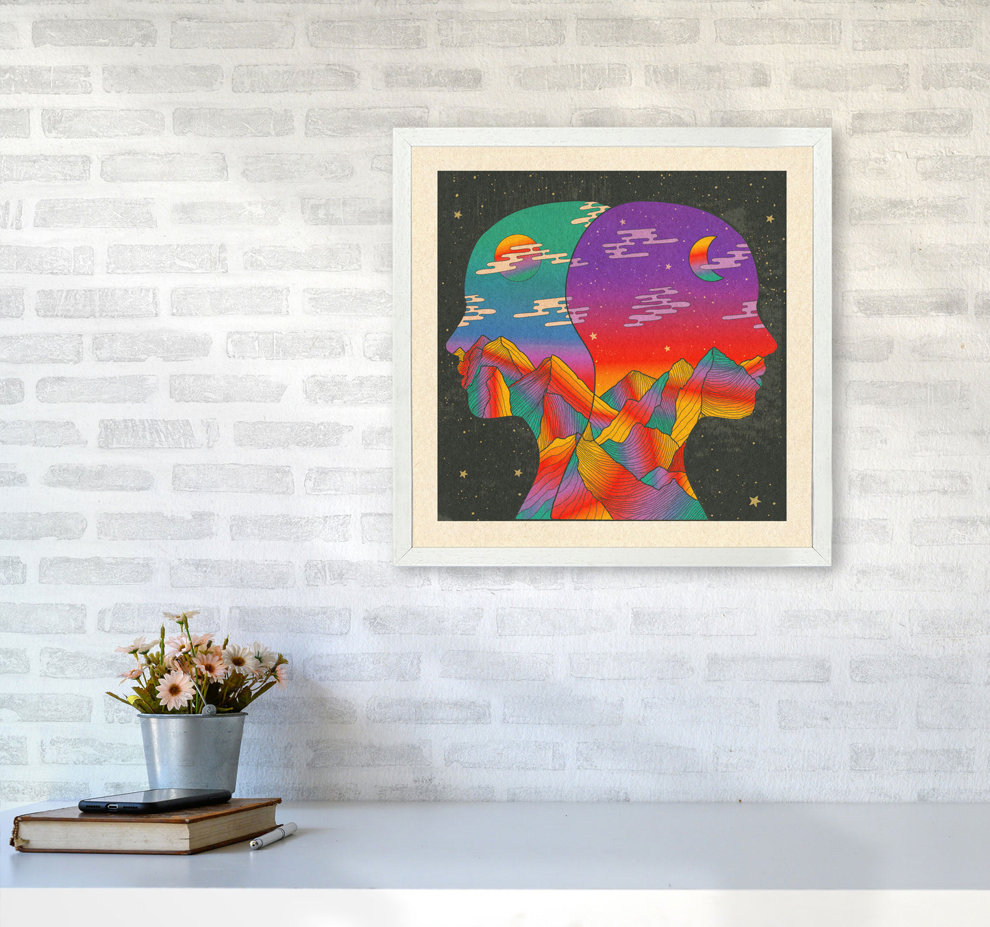 Day And Night Textured Bordered Art Print by Inktally5050 Oak Frame