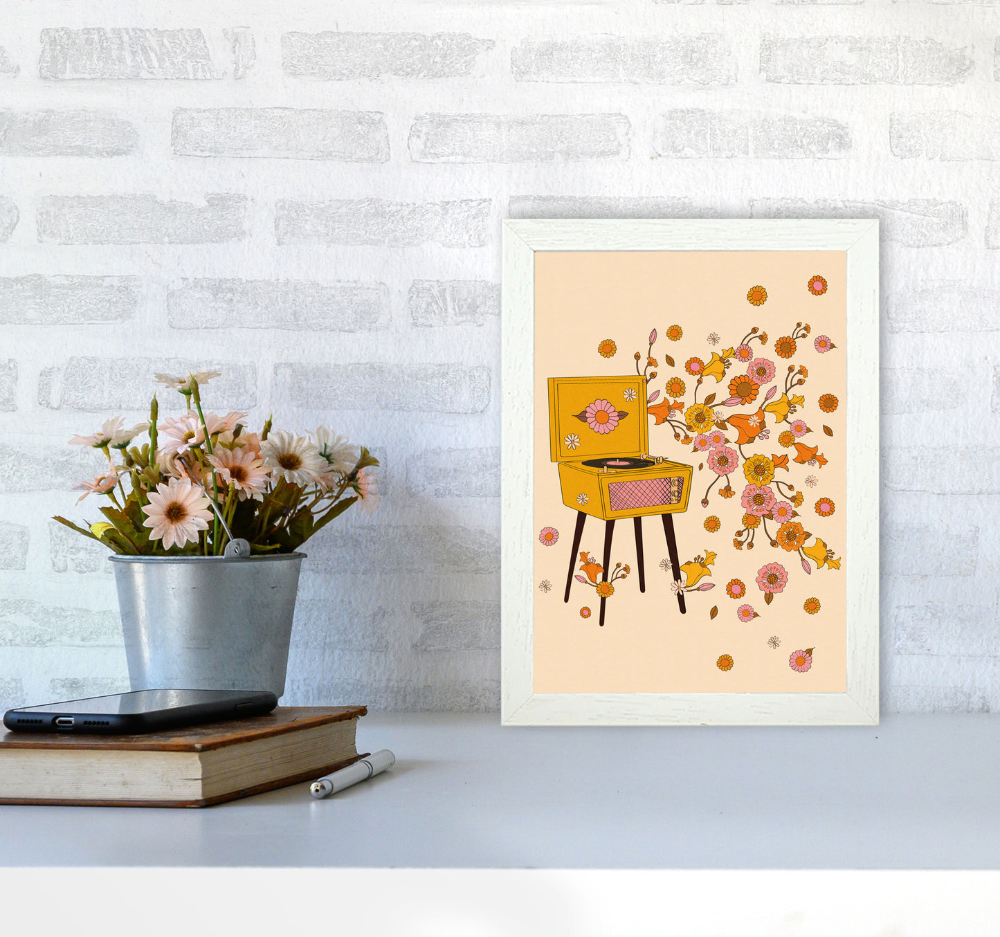 Turntable A1 Art Print by Inktally A4 Oak Frame