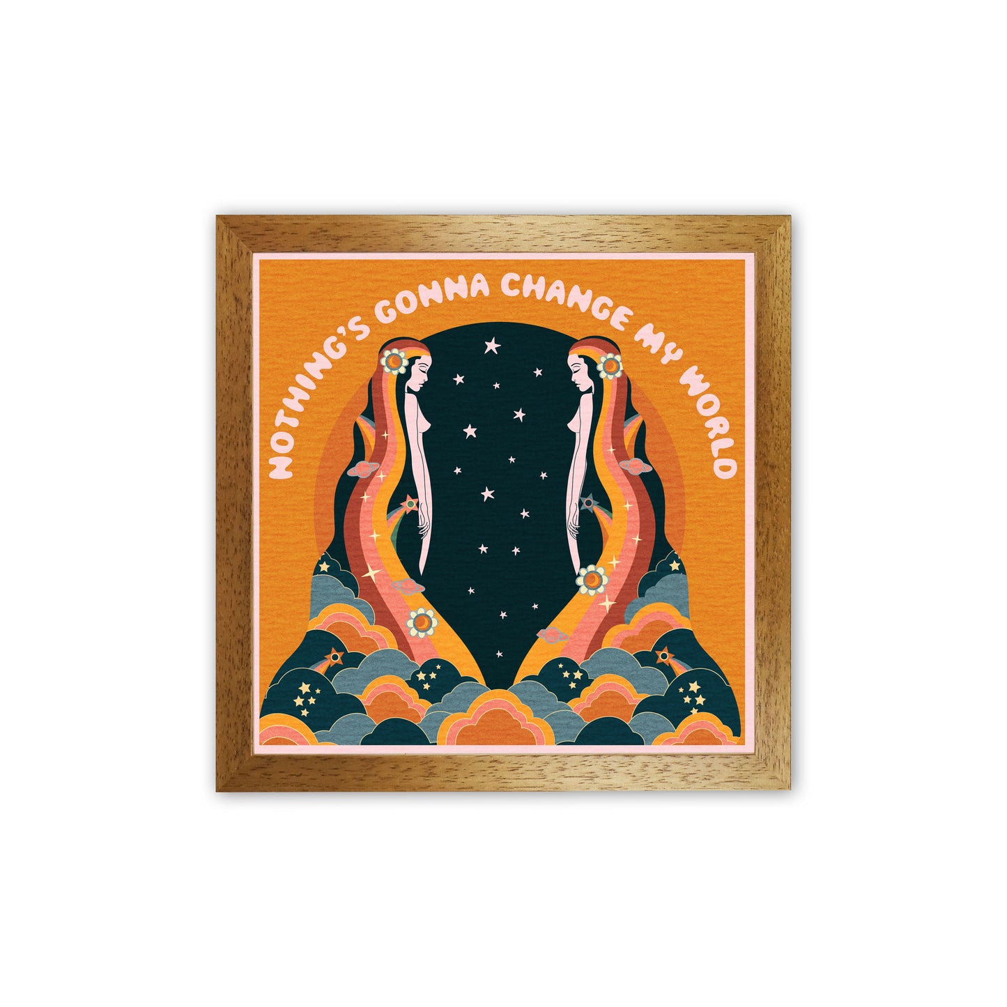 Change My World-Bordered-Orange-Text Art Print by Inktally Oak Grain