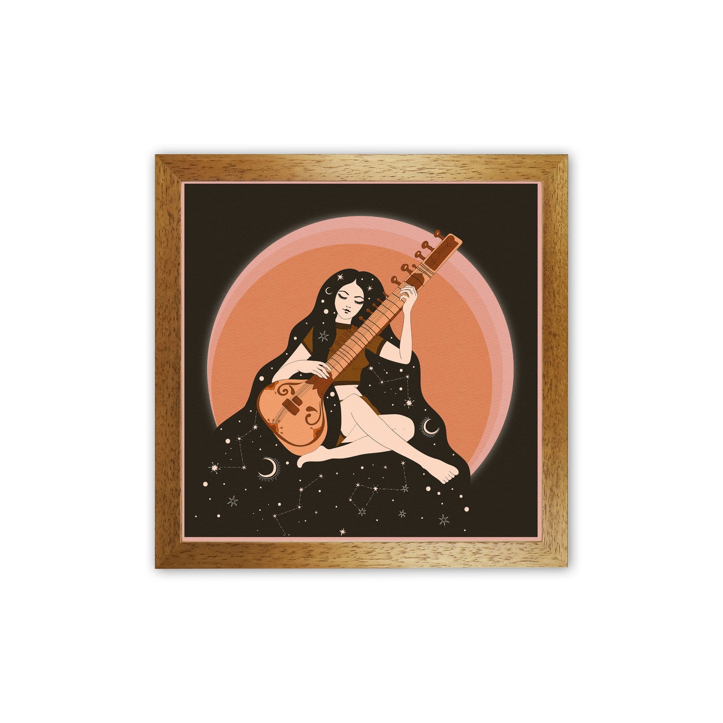 Sitar Girl 60 X 60Cm-Textured 01 Art Print by Inktally Oak Grain