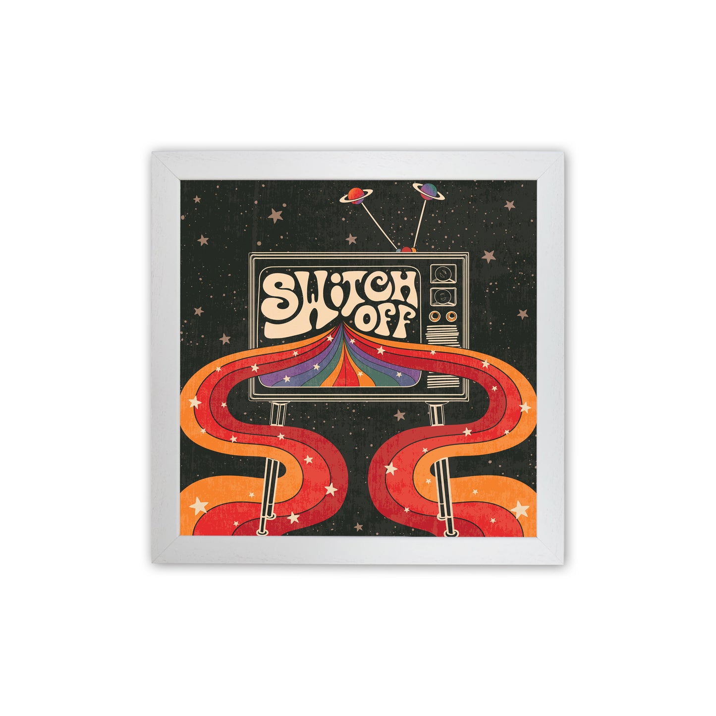 Switch Off, Rainbow Retro Tv Art Print by Inktally White Grain
