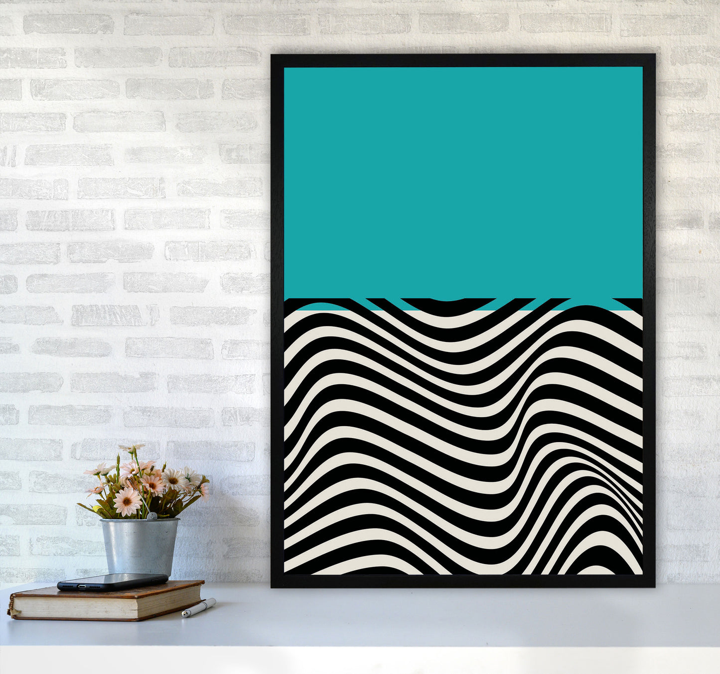 Minimal Abstract Blue Wave Art Print by Jason Stanley A1 White Frame