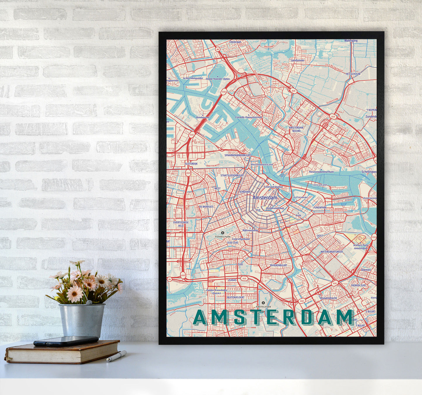 Retro Map - Amsterdam Art Print by Jason Stanley A1 White Frame