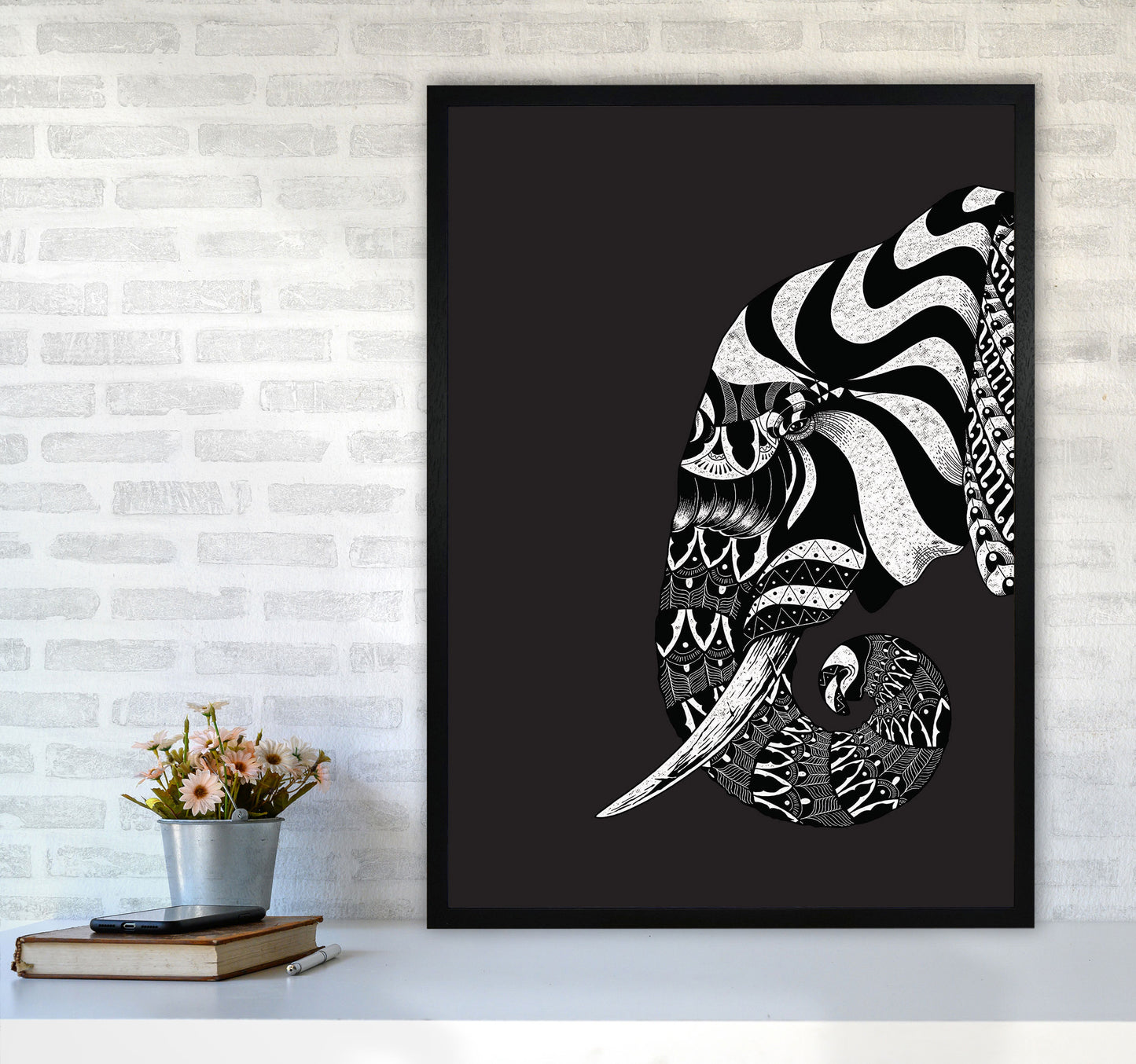 Ornate Elephant Art Print by Jason Stanley A1 White Frame