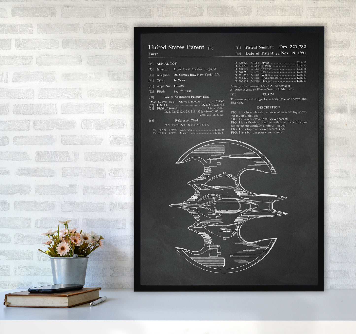 Batwing Patent Side View- Chalkboard Art Print by Jason Stanley A1 White Frame