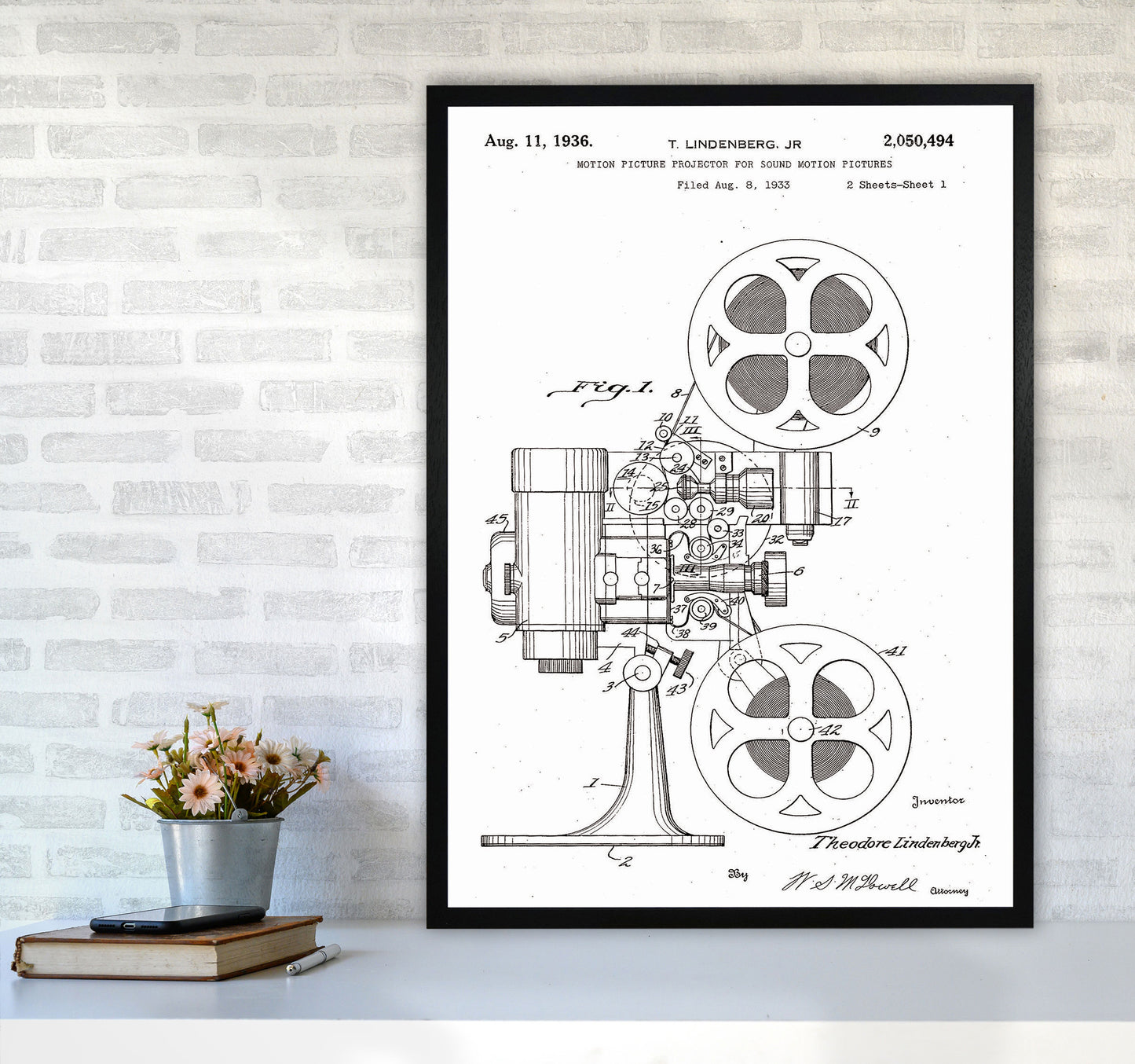 Motion Picture Projector Patent Art Print by Jason Stanley A1 White Frame