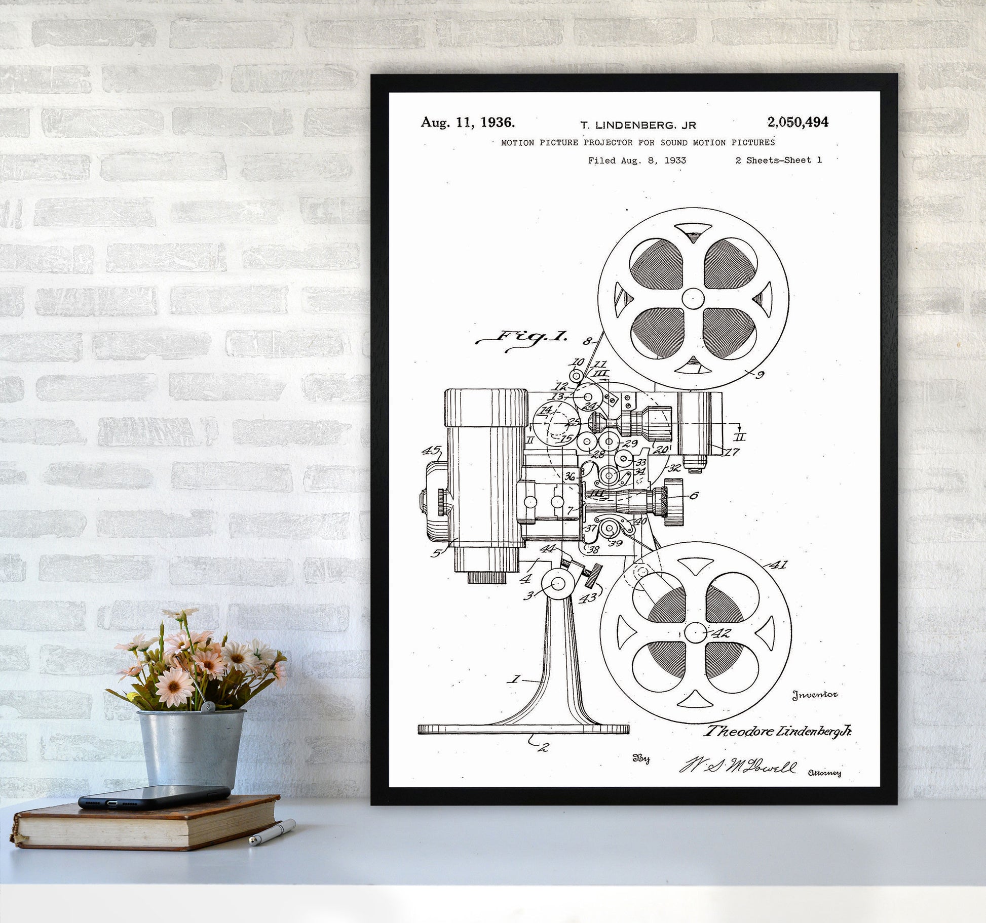 Motion Picture Projector Patent Art Print by Jason Stanley A1 White Frame