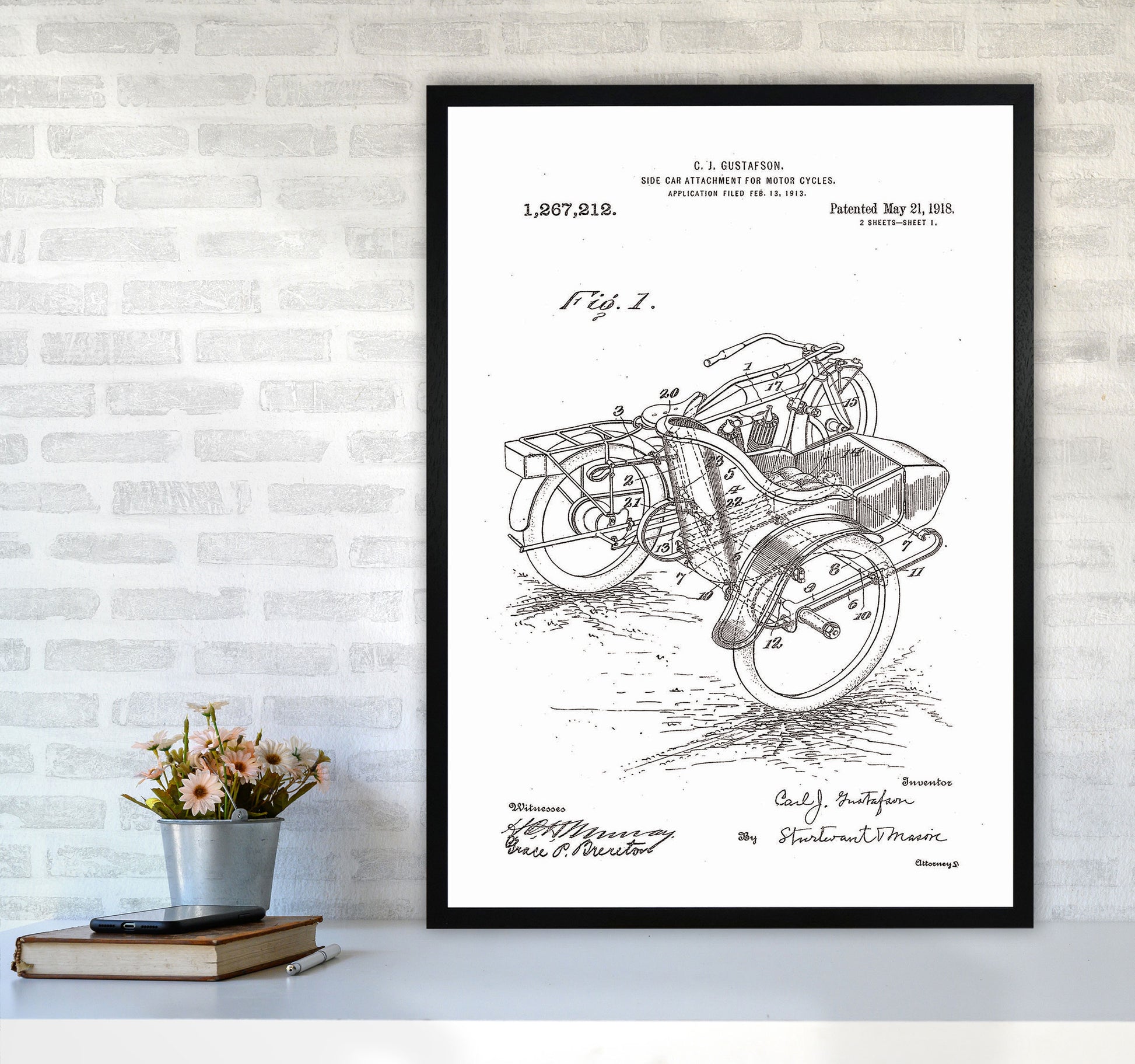 Motorcycle With Side Car Patent Art Print by Jason Stanley A1 White Frame