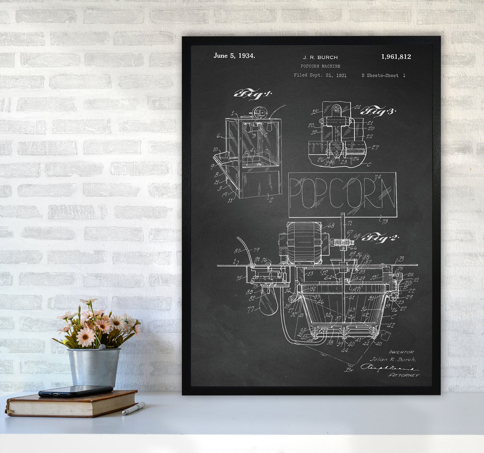 Popcorn Machine Patent 2-Chalkboard Art Print by Jason Stanley A1 White Frame