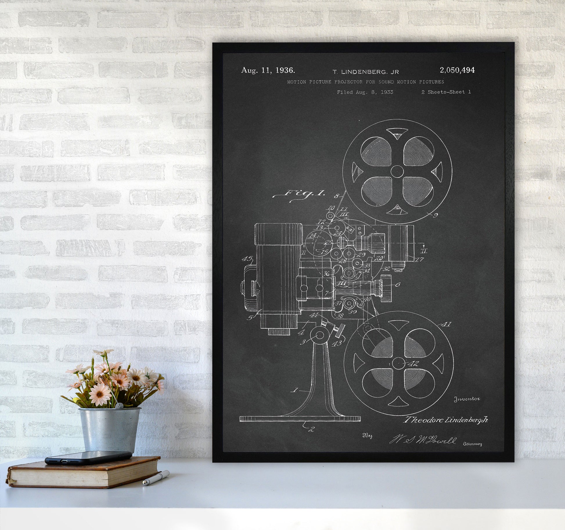 Motion Picture Projector Patent-Chalkboard Art Print by Jason Stanley A1 White Frame