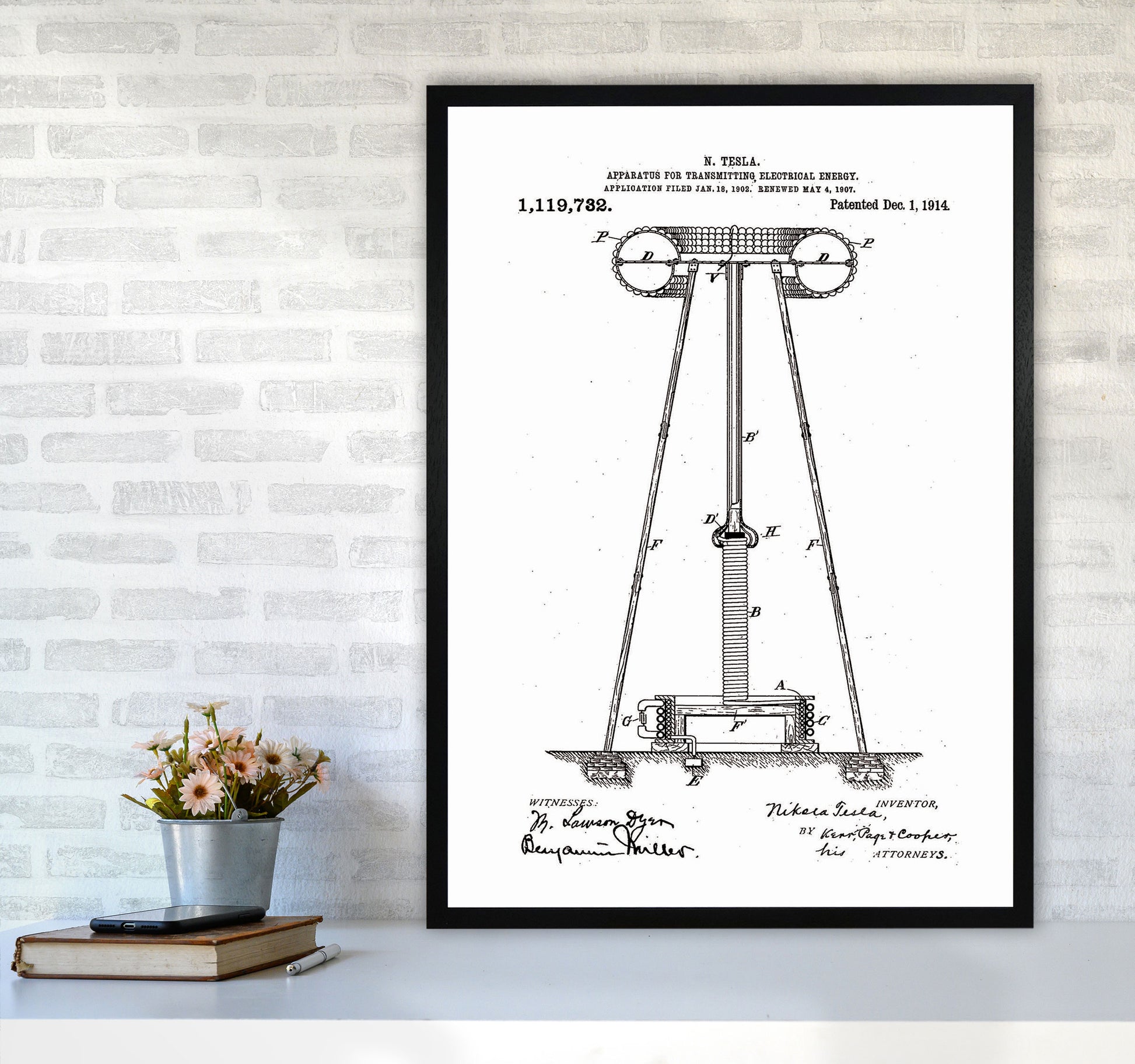 Tesla Electrical Energy Patent Art Print by Jason Stanley A1 White Frame